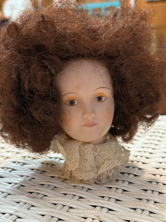 Haunted Porcelain Doll Head with Lace Collar – Vintage Creepy Display Bust