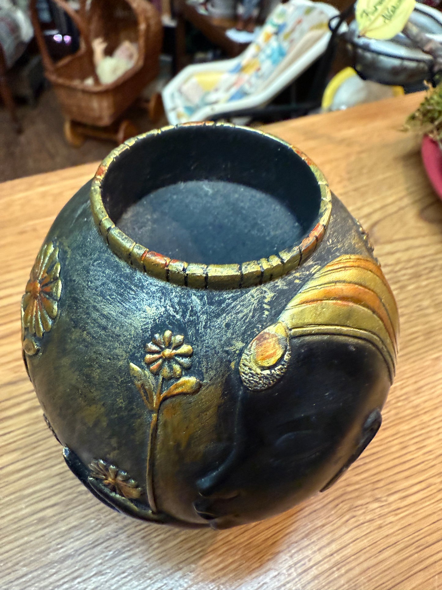 Afrocentric Art Vase – Woman with Flowers, Gold & Black Resin 6.5” Tall