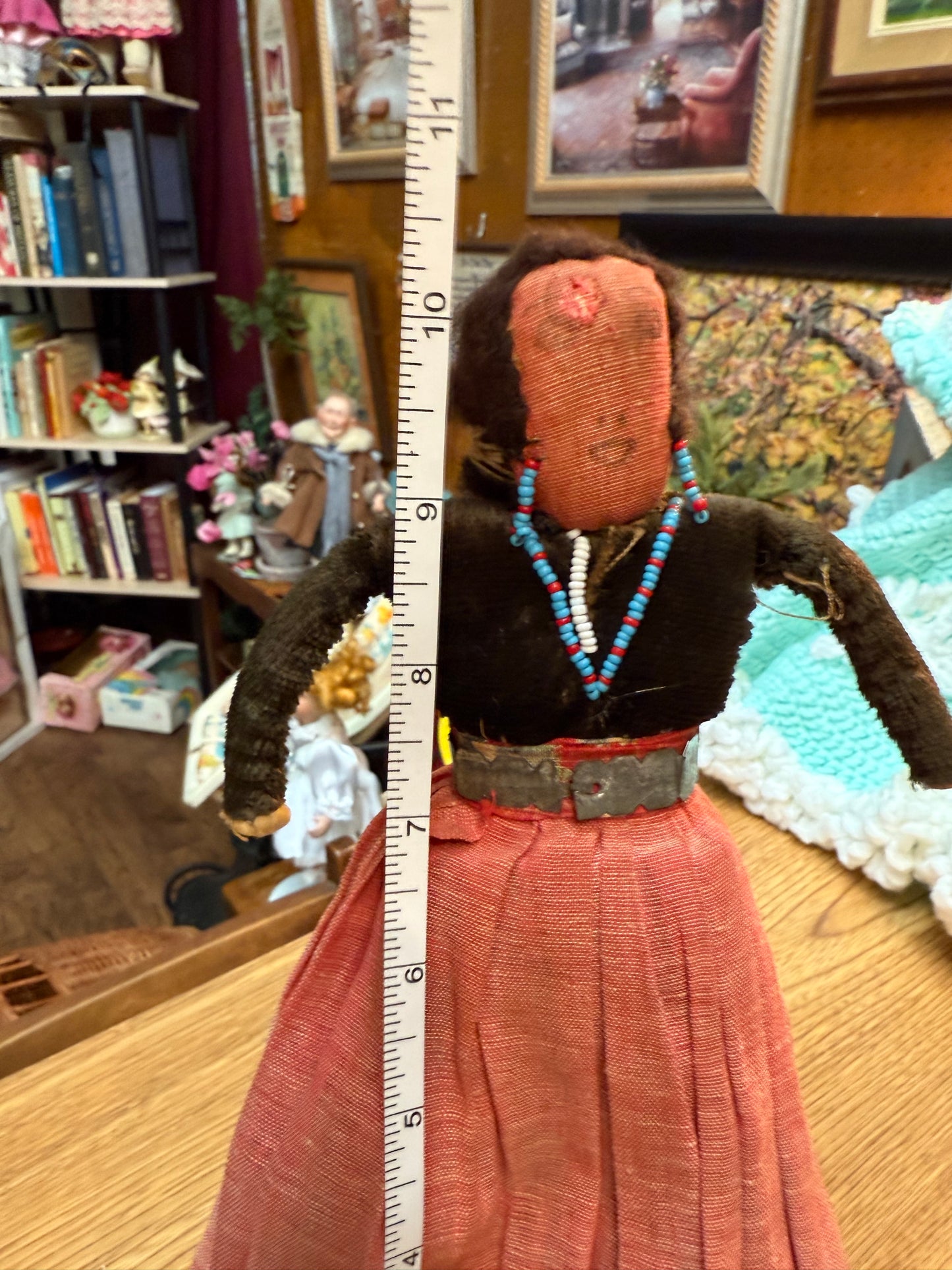 The Watcher in Red — Antique Cloth Doll with Beaded Necklace & Bound Legs