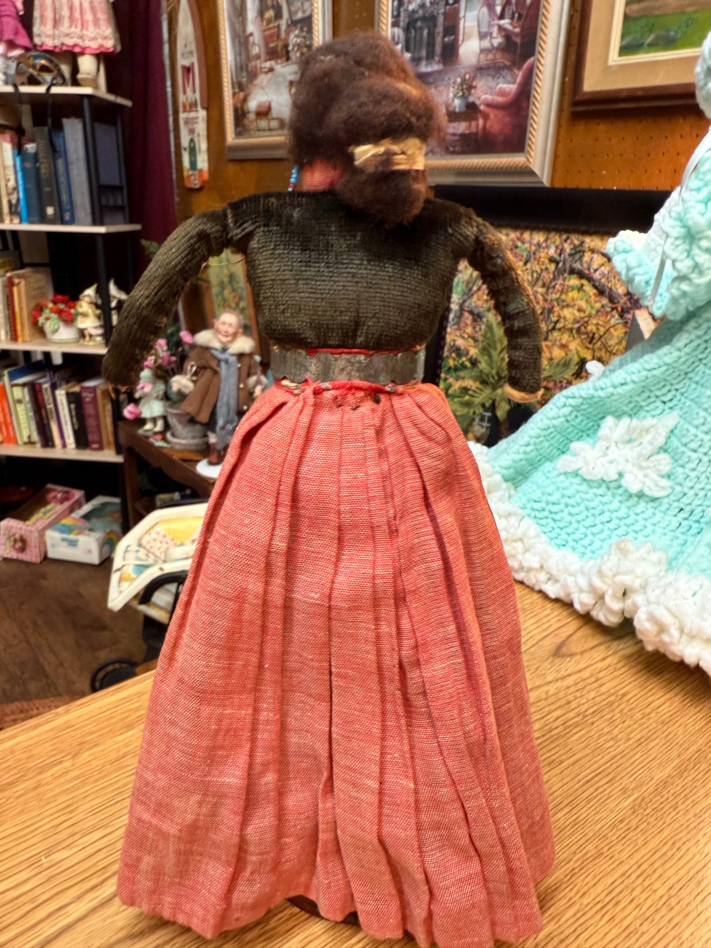 The Watcher in Red — Antique Cloth Doll with Beaded Necklace & Bound Legs