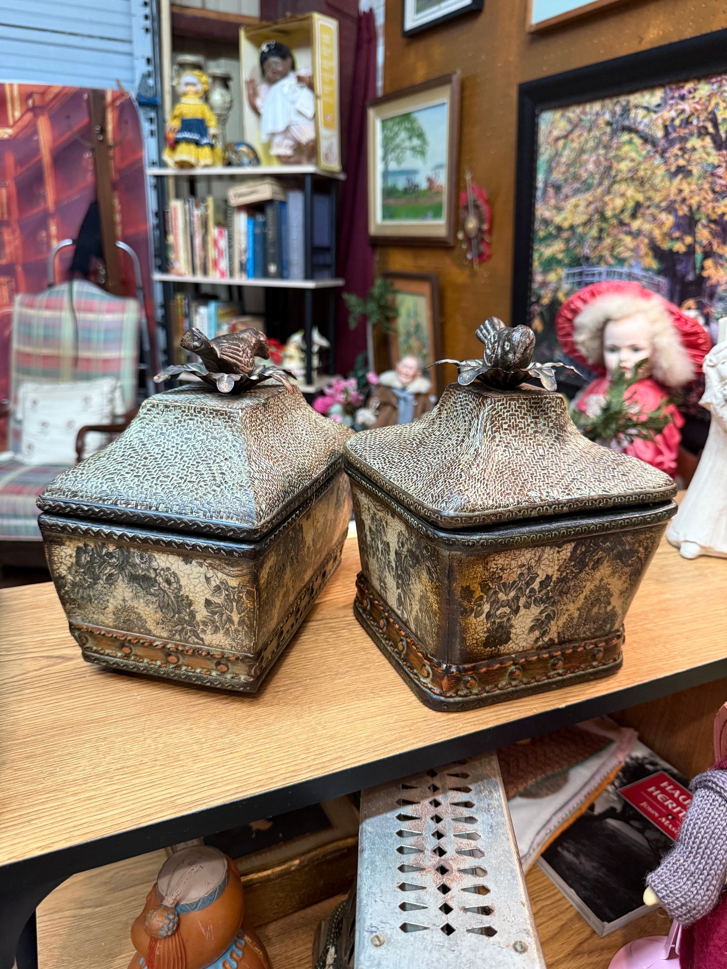 Victorian Style Lidded Boxes w/ Bird Finials – Floral Panels – Set of 2 – 9”