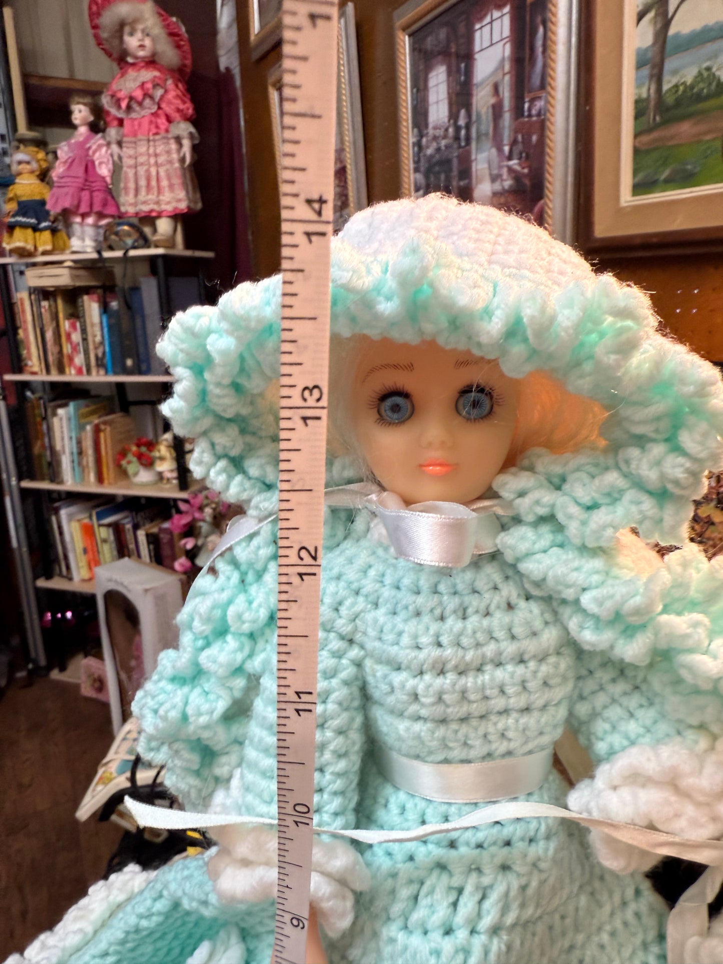 The Quiet Visitor — Handmade Crocheted Doll in Turquoise with Muff Hand Warmer