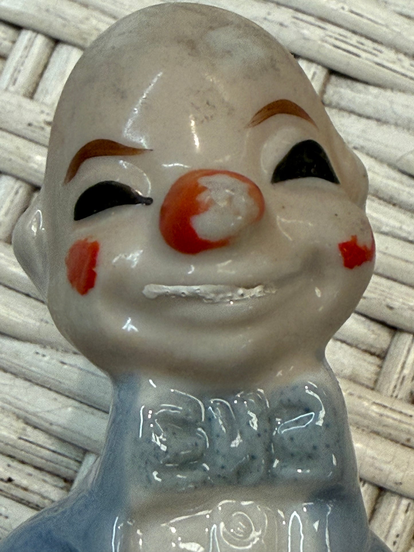 Vintage Creepy Ceramic Clown Figurine – Glazed Blue Suit – Offbeat Smile