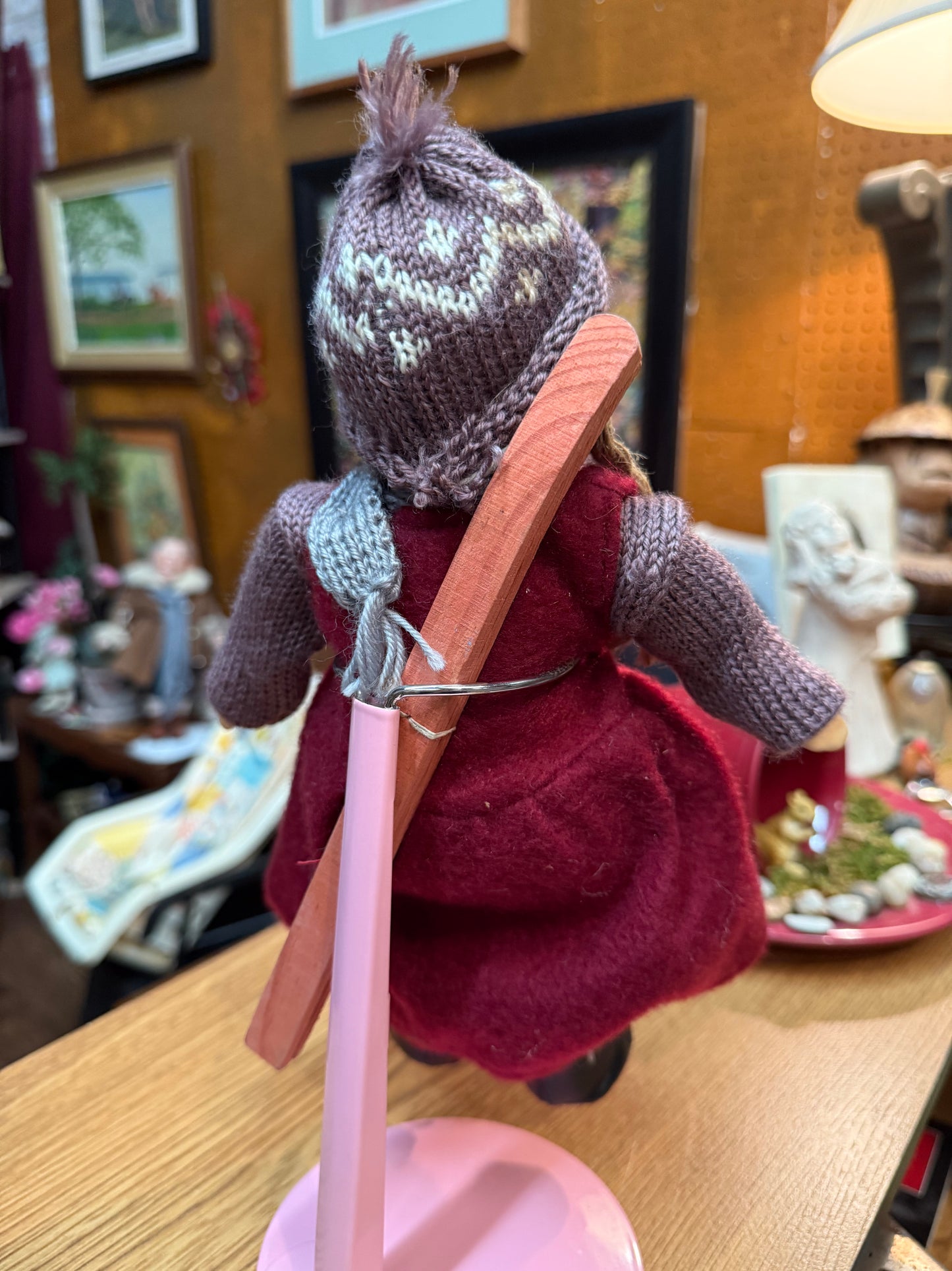 Haunted Skier Girl Doll 12” – Wooden Skis – Winter Lodge Spirit