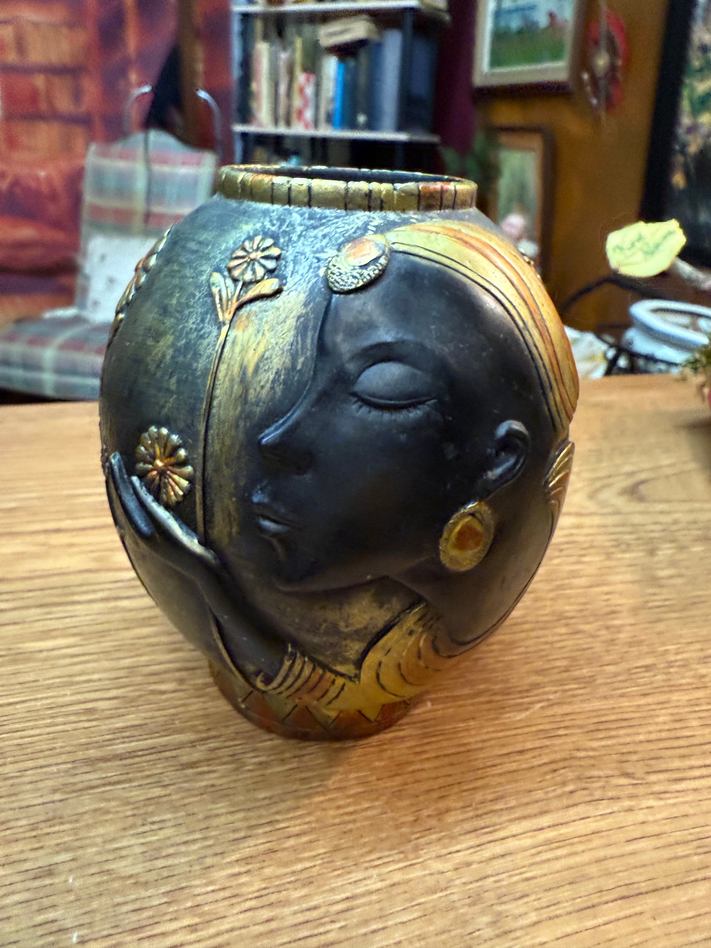 Afrocentric Art Vase – Woman with Flowers, Gold & Black Resin 6.5” Tall