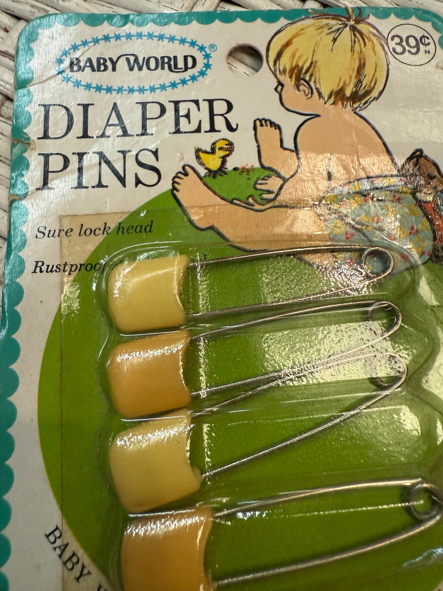 Vintage BABY WORLD Diaper Pins - Sealed Pack of 4 – Rustproof – Eerie Nursery Charm