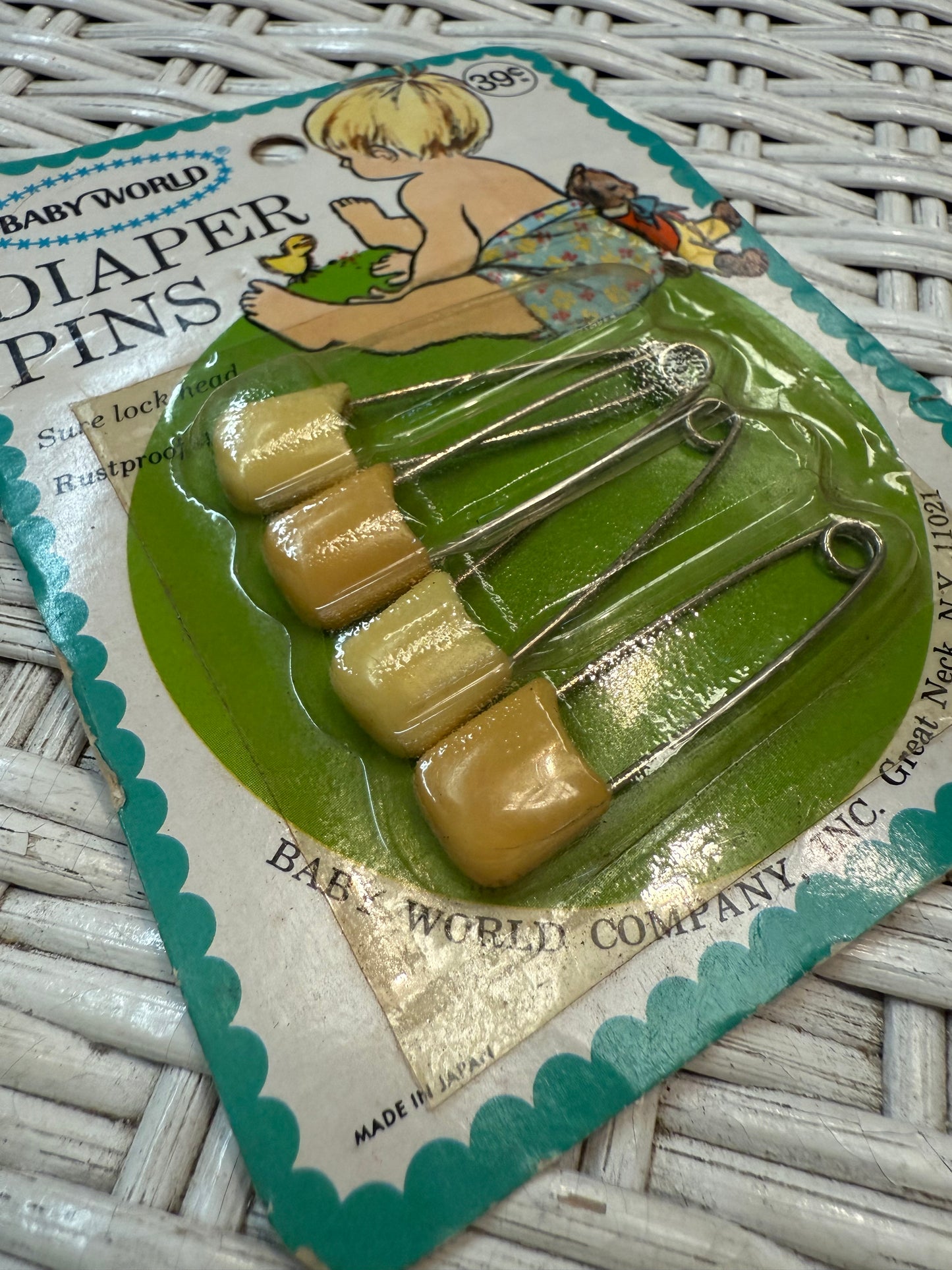 Vintage BABY WORLD Diaper Pins - Sealed Pack of 4 – Rustproof – Eerie Nursery Charm