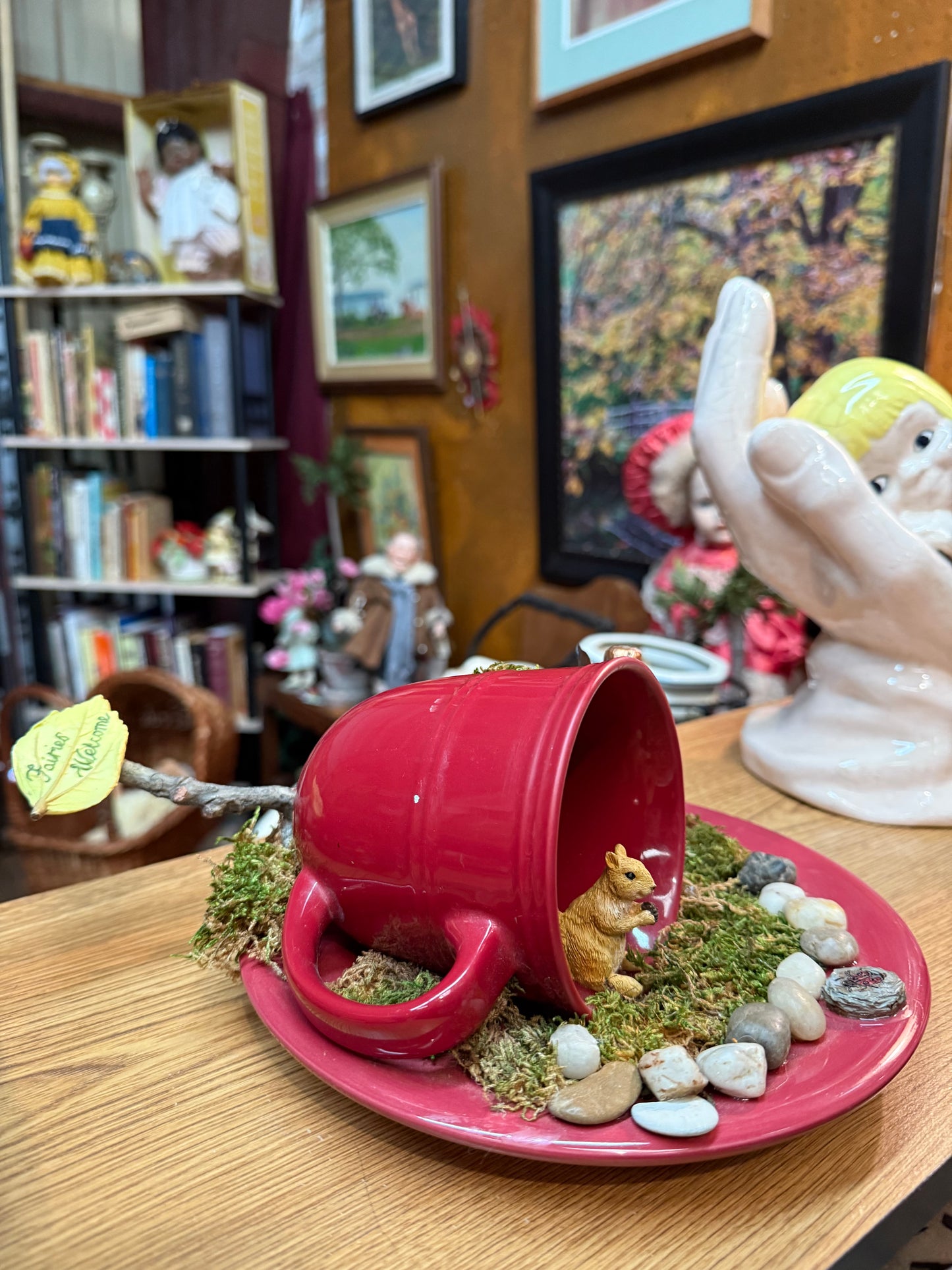 Whimsical “Fairies Welcome” Teacup Garden – Squirrel, Fairy, Moss & Magic!