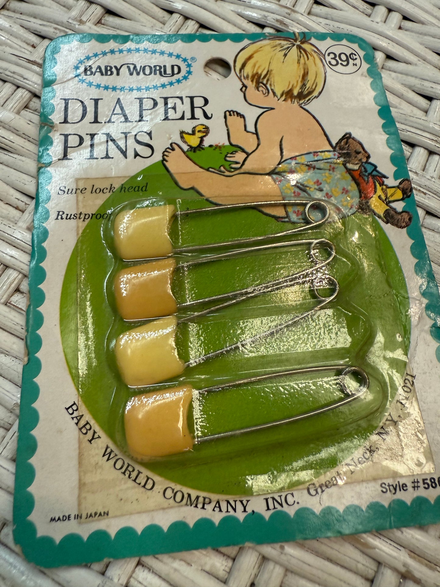 Vintage BABY WORLD Diaper Pins - Sealed Pack of 4 – Rustproof – Eerie Nursery Charm