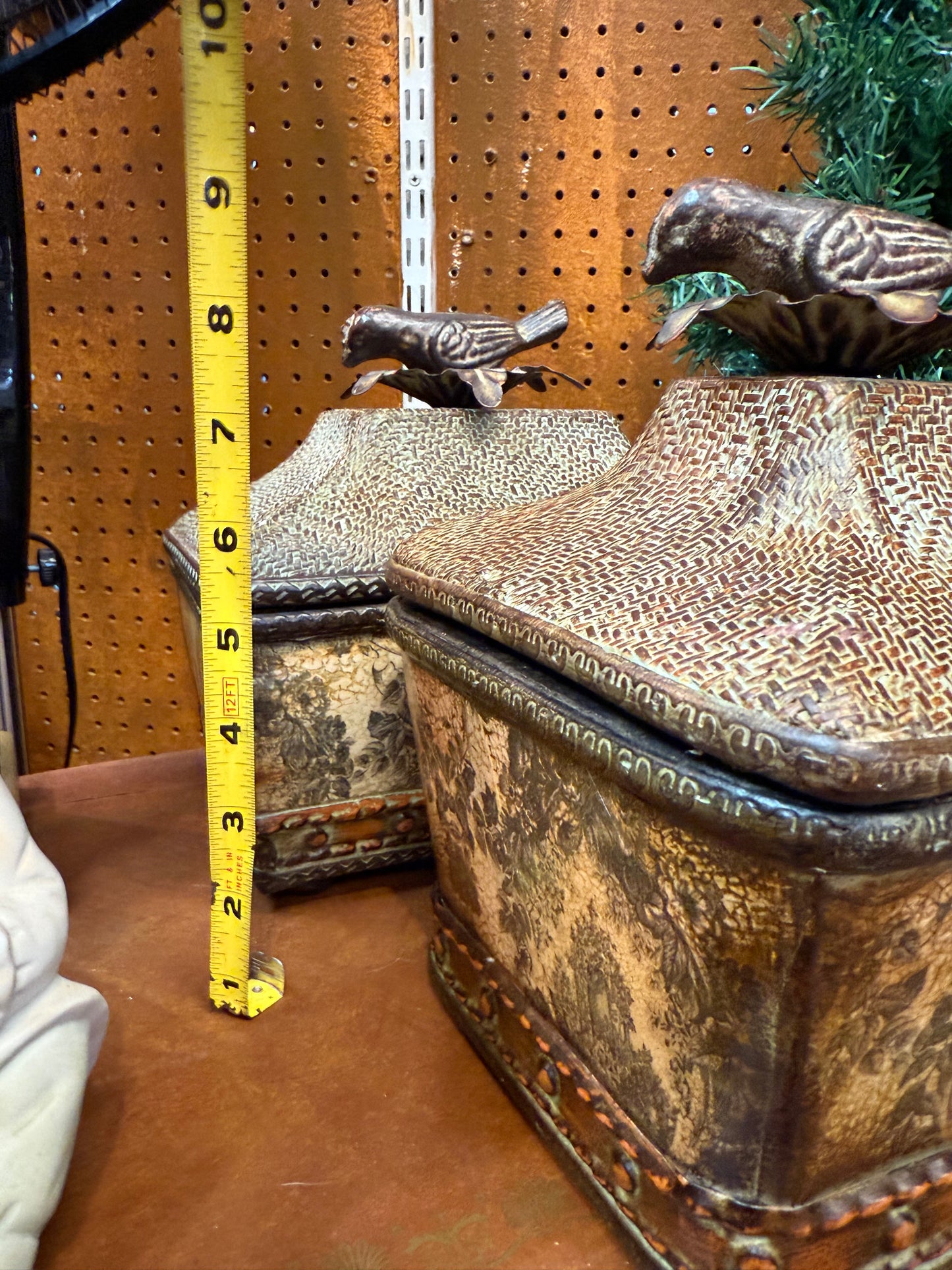 Victorian Style Lidded Boxes w/ Bird Finials – Floral Panels – Set of 2 – 9”