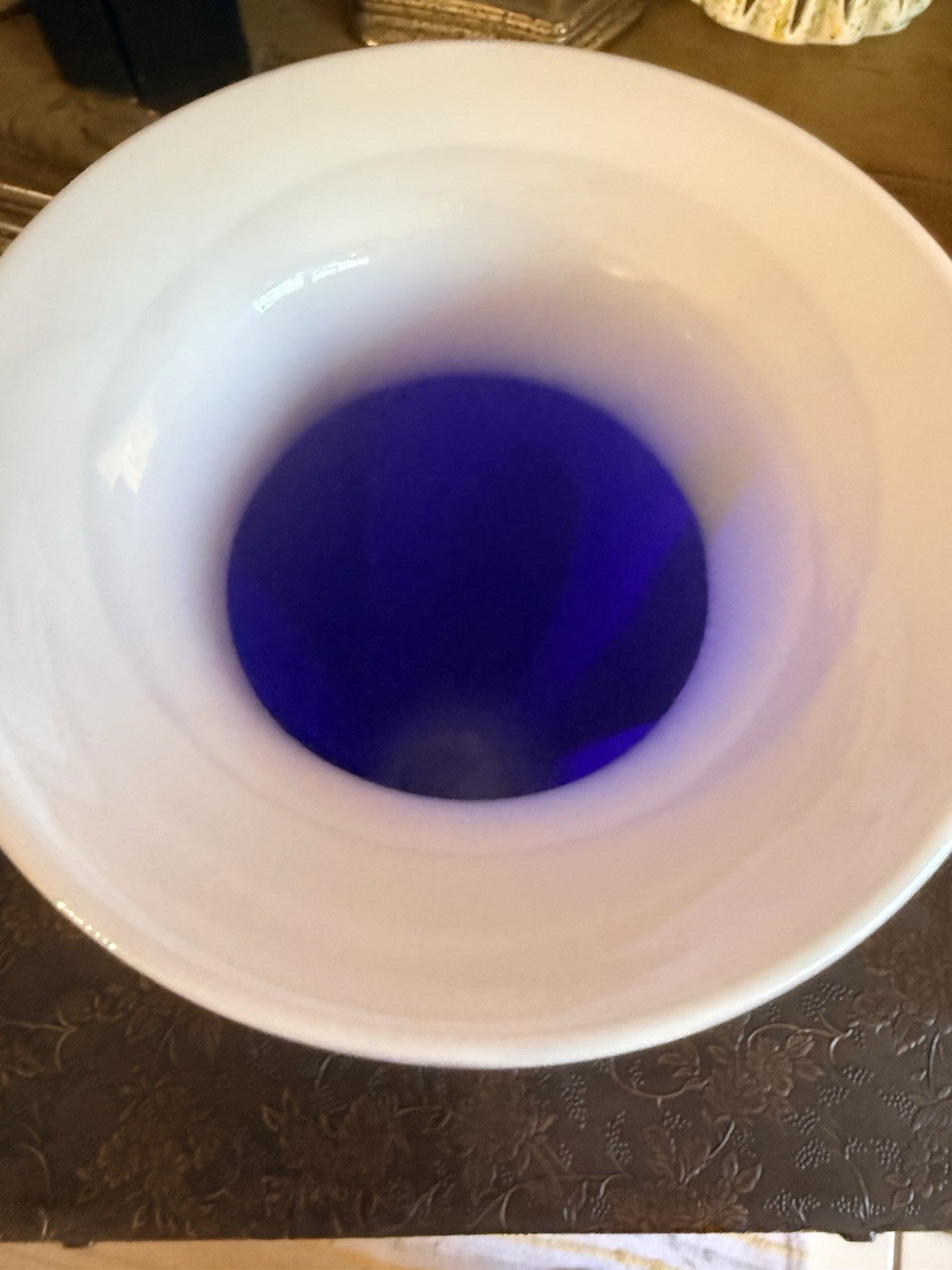 Vintage Hand Blown Art Glass Vase Cobalt Blue Swirl Tall Statement Vase