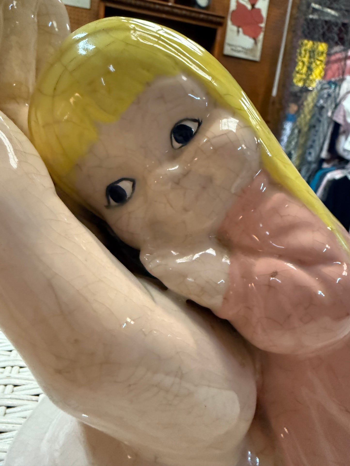 “Safe in His Hands” Ceramic Figurine – Glazed 11” Girl & Giant Hands – Vintage Devotion or Dread?