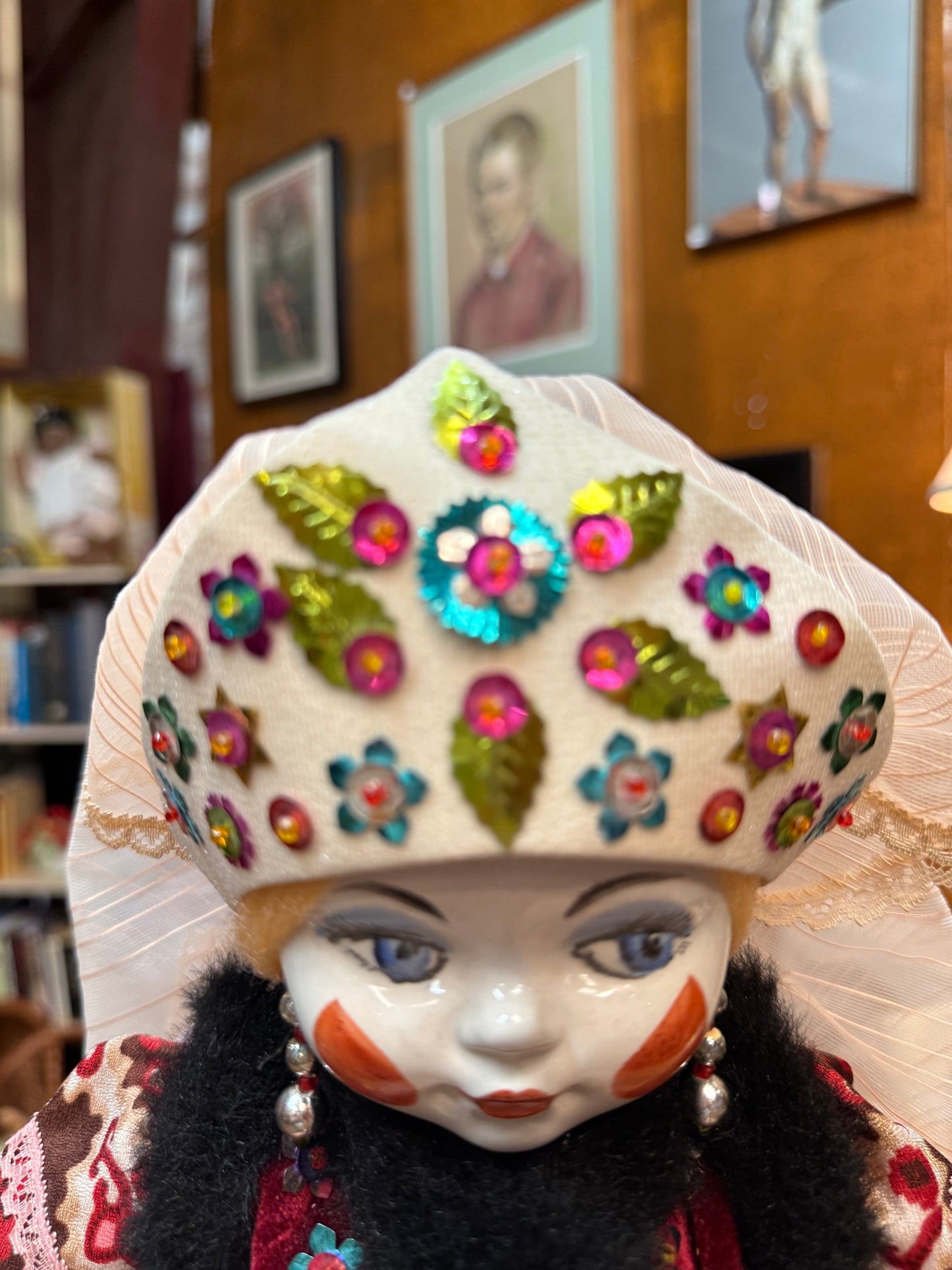 Vintage Porcelain Folk Doll in Headdress – Haunted Slavic Spirit Guardian
