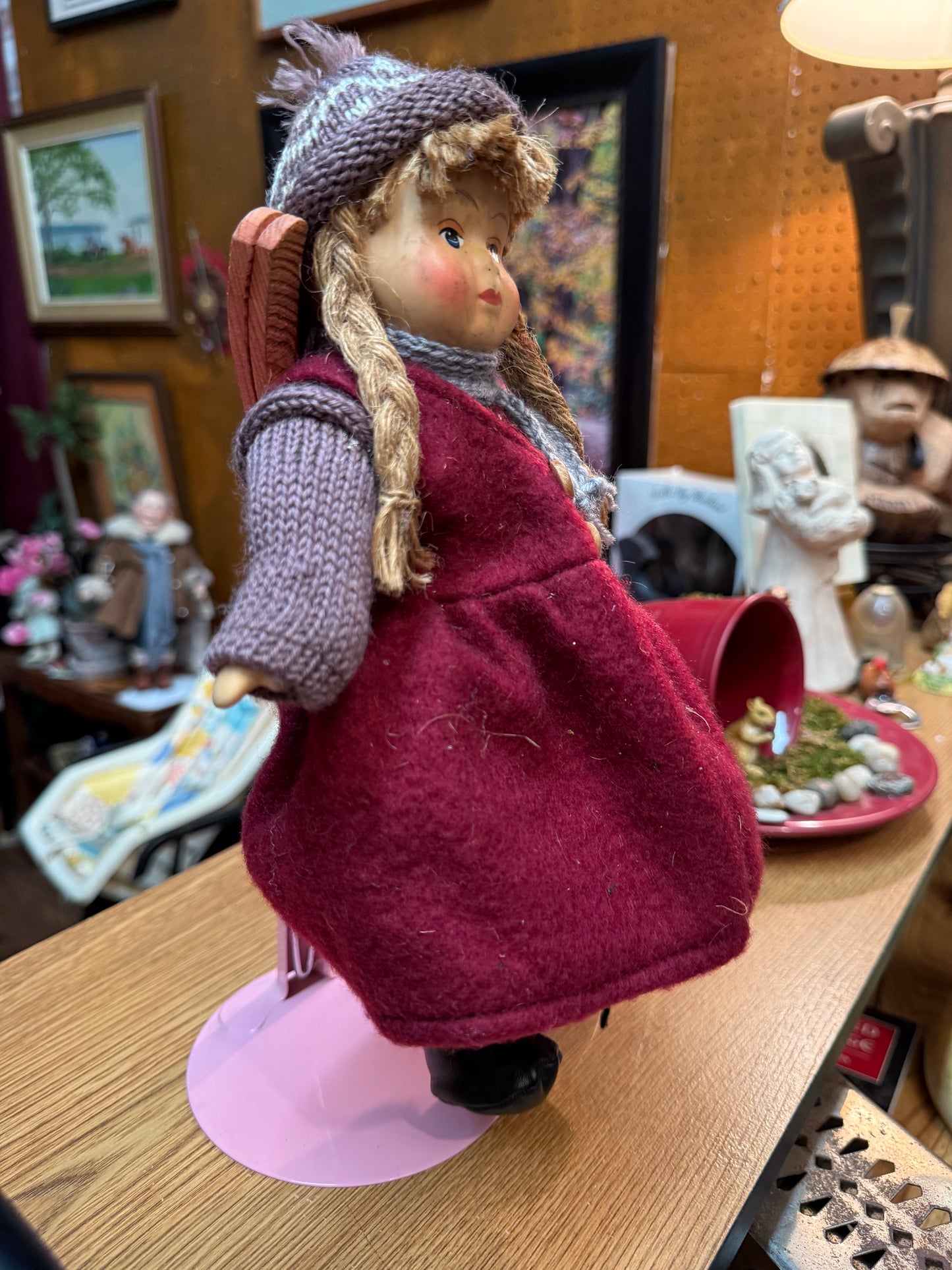 Haunted Skier Girl Doll 12” – Wooden Skis – Winter Lodge Spirit