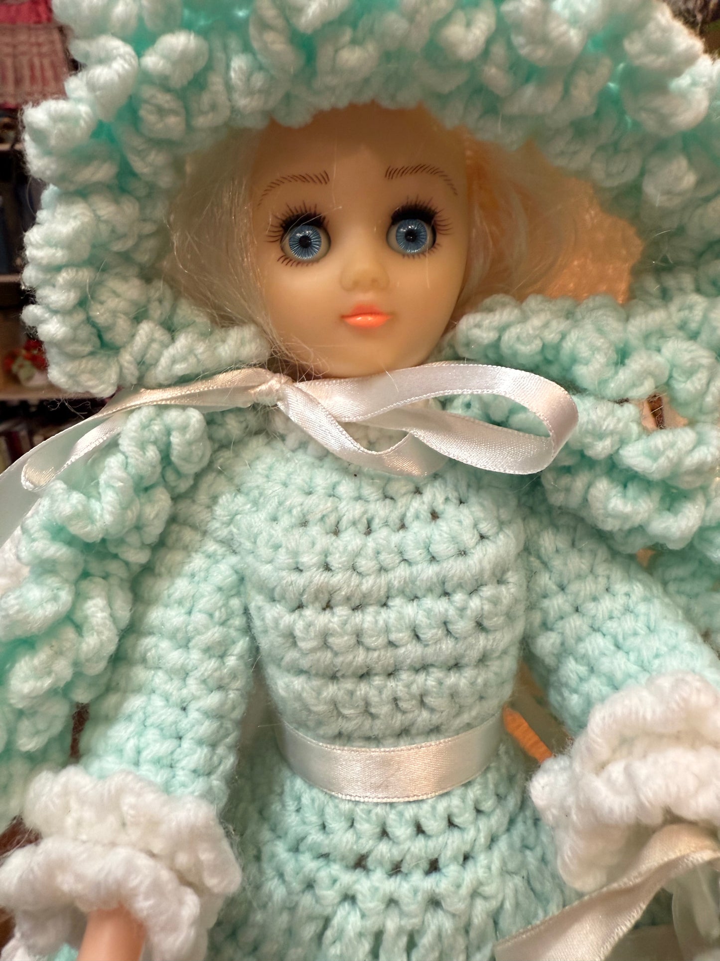 The Quiet Visitor — Handmade Crocheted Doll in Turquoise with Muff Hand Warmer