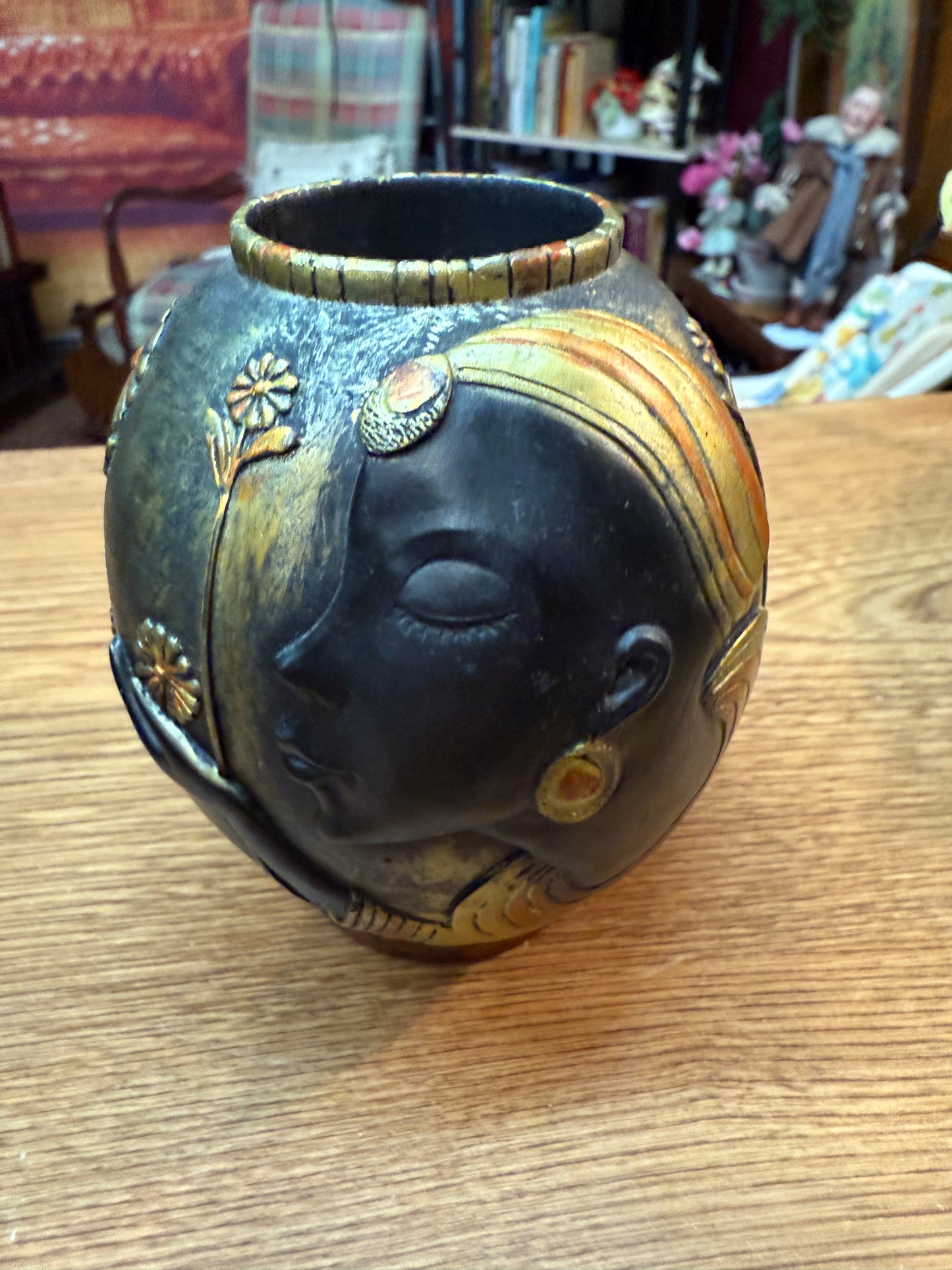 Afrocentric Art Vase – Woman with Flowers, Gold & Black Resin 6.5” Tall