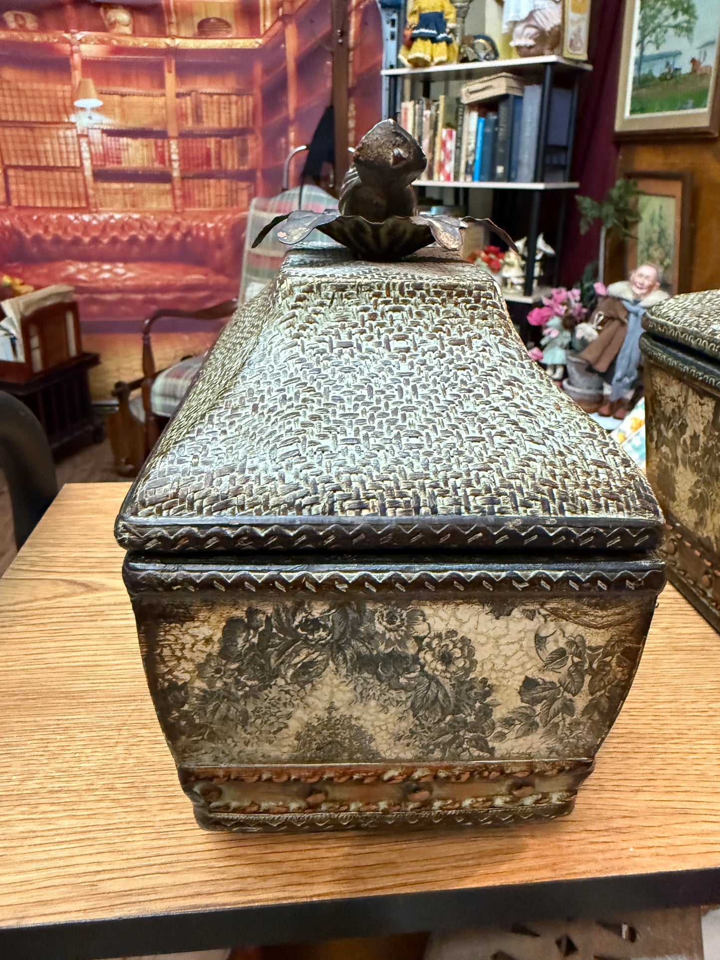 Victorian Style Lidded Boxes w/ Bird Finials – Floral Panels – Set of 2 – 9”