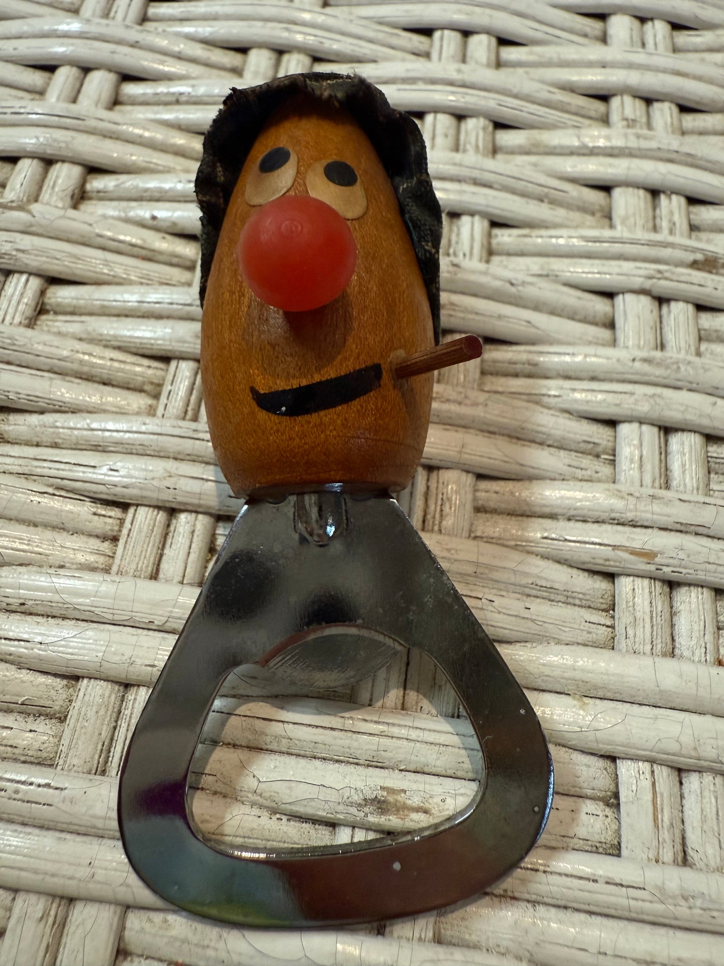 Vintage Wooden Bottle Opener – Creepy Figural Face w/ Pipe & Hat – Odd Barware