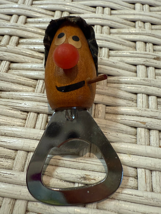 Vintage Wooden Bottle Opener – Creepy Figural Face w/ Pipe & Hat – Odd Barware