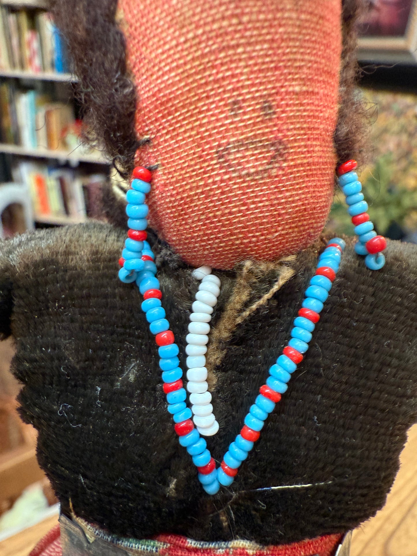 The Watcher in Red — Antique Cloth Doll with Beaded Necklace & Bound Legs