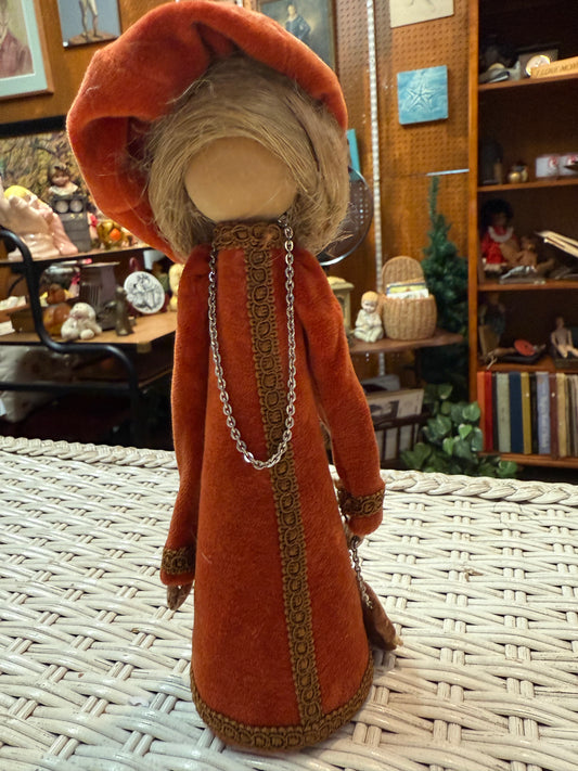 Vintage Faceless Folk Art Doll - 9” Handmade Boho Decor in Burnt Orange Velvet