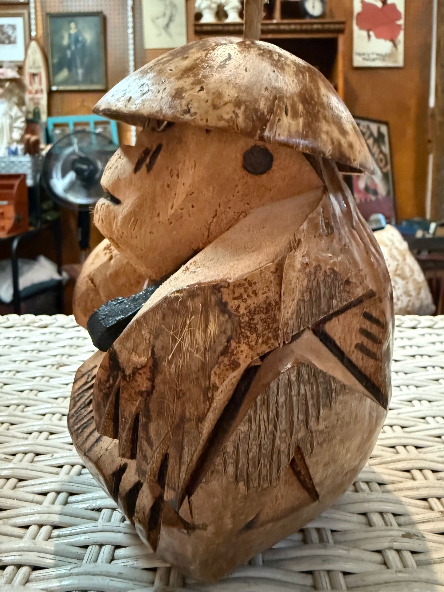 Vintage Carved Coconut Figurine – Hawaii Souvenir Tiki Folk Art – Angry Island Spirit?