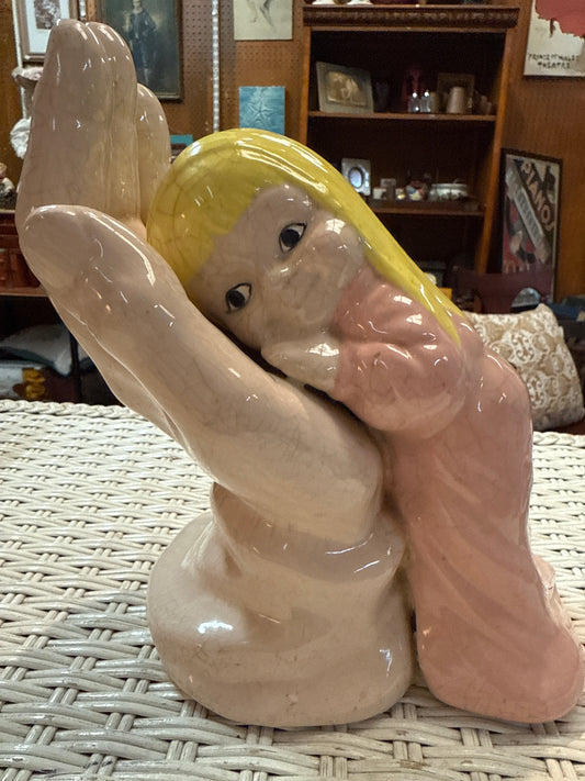 “Safe in His Hands” Ceramic Figurine – Glazed 11” Girl & Giant Hands – Vintage Devotion or Dread?