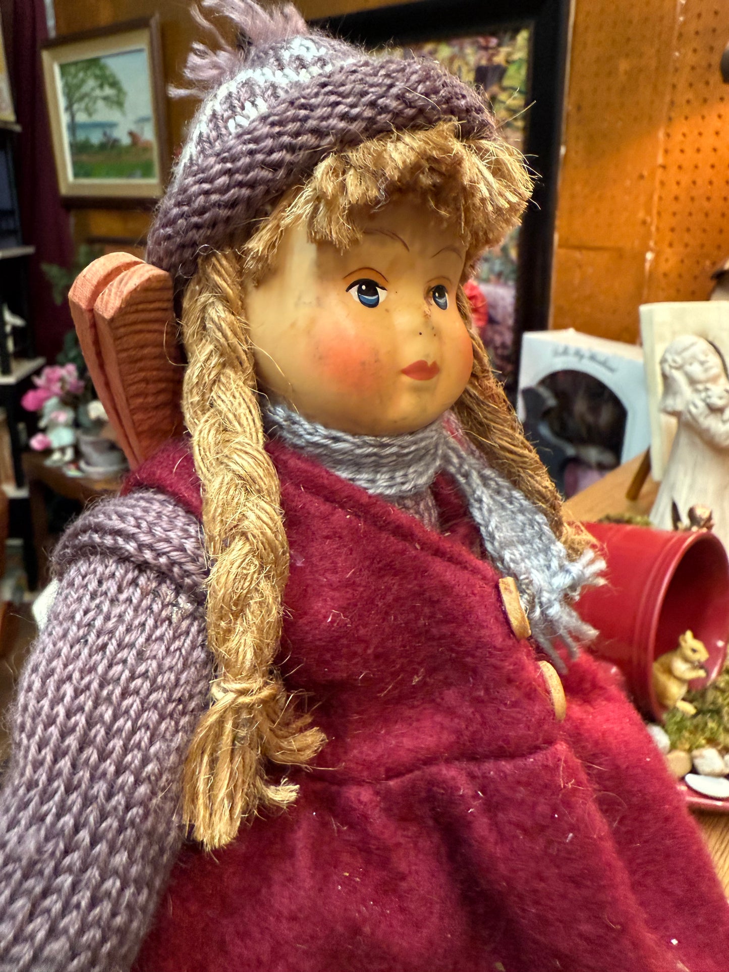 Haunted Skier Girl Doll 12” – Wooden Skis – Winter Lodge Spirit