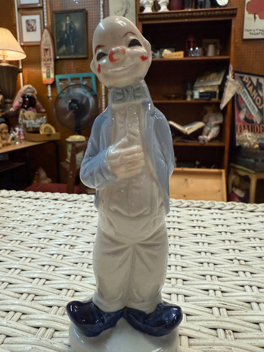 Vintage Creepy Ceramic Clown Figurine – Glazed Blue Suit – Offbeat Smile