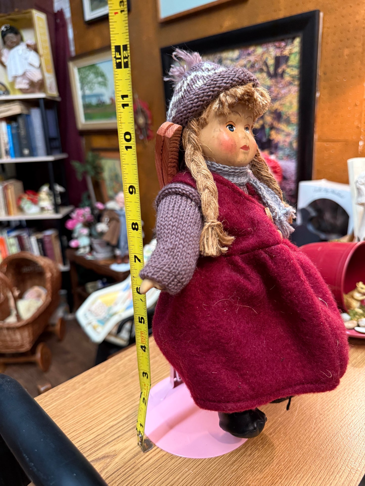 Haunted Skier Girl Doll 12” – Wooden Skis – Winter Lodge Spirit