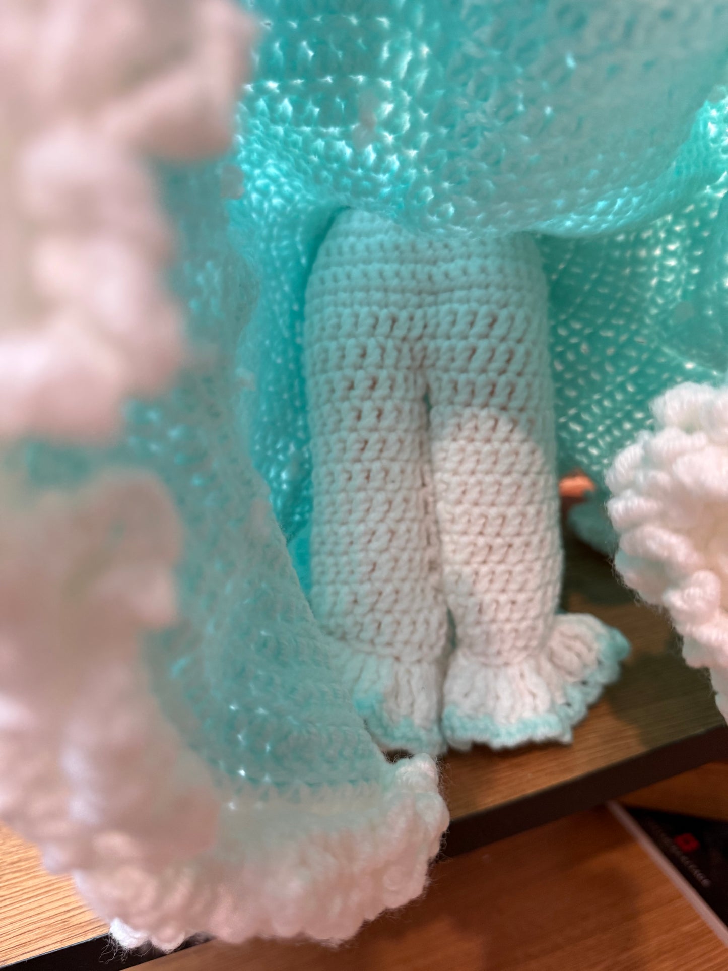 The Quiet Visitor — Handmade Crocheted Doll in Turquoise with Muff Hand Warmer