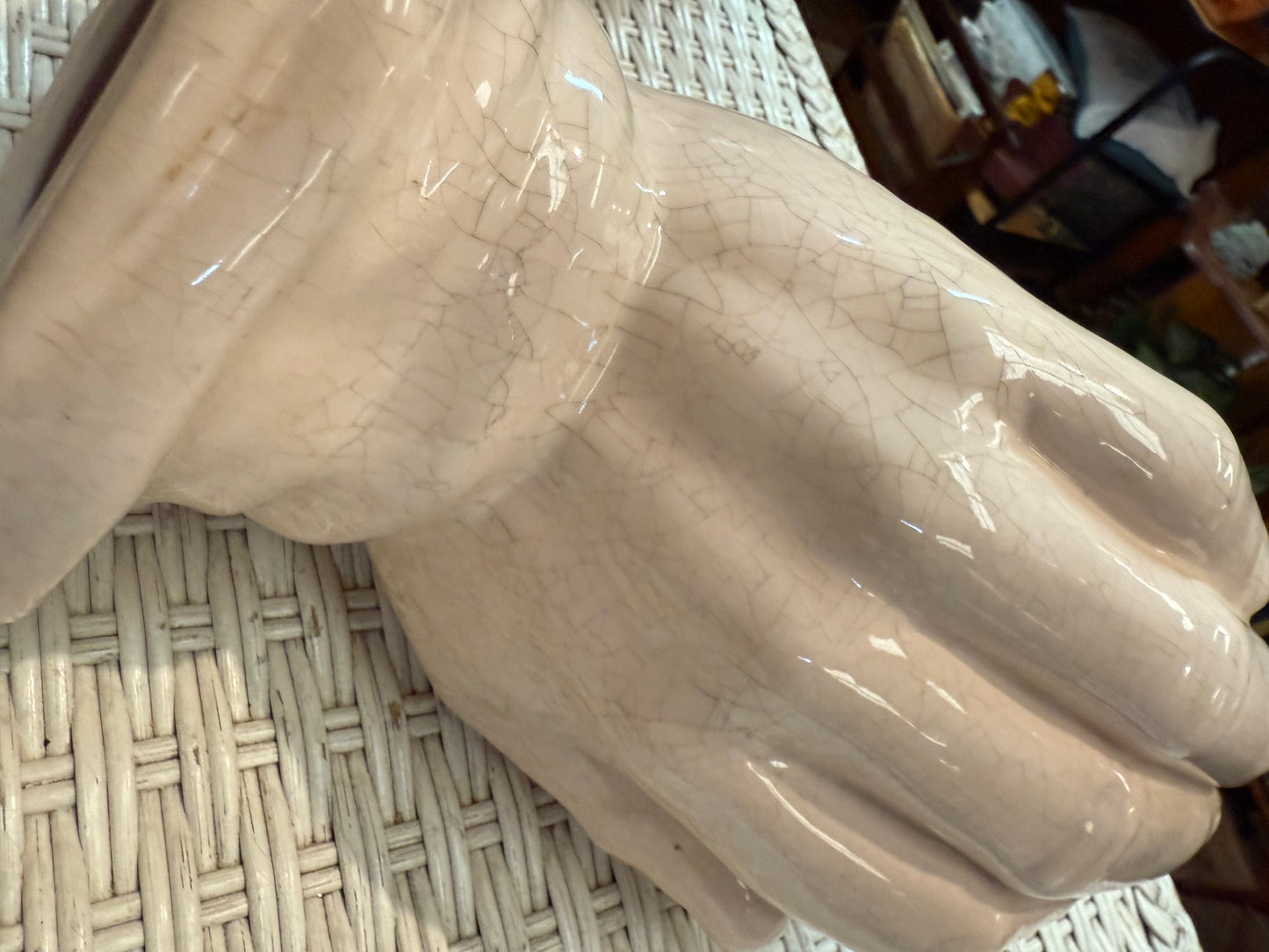 “Safe in His Hands” Ceramic Figurine – Glazed 11” Girl & Giant Hands – Vintage Devotion or Dread?
