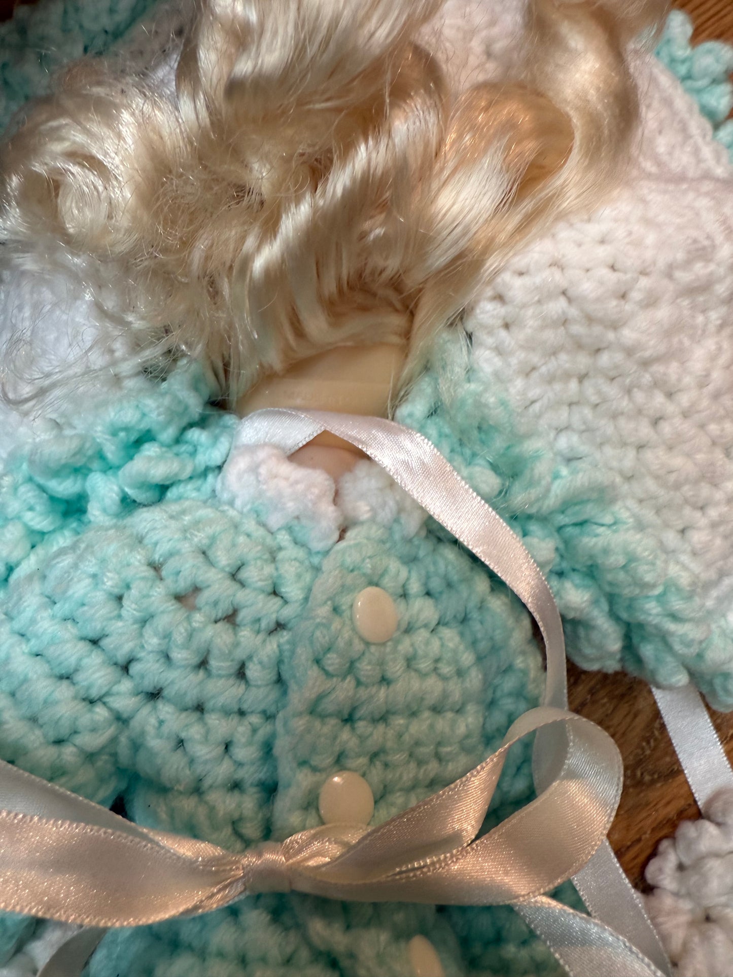 The Quiet Visitor — Handmade Crocheted Doll in Turquoise with Muff Hand Warmer