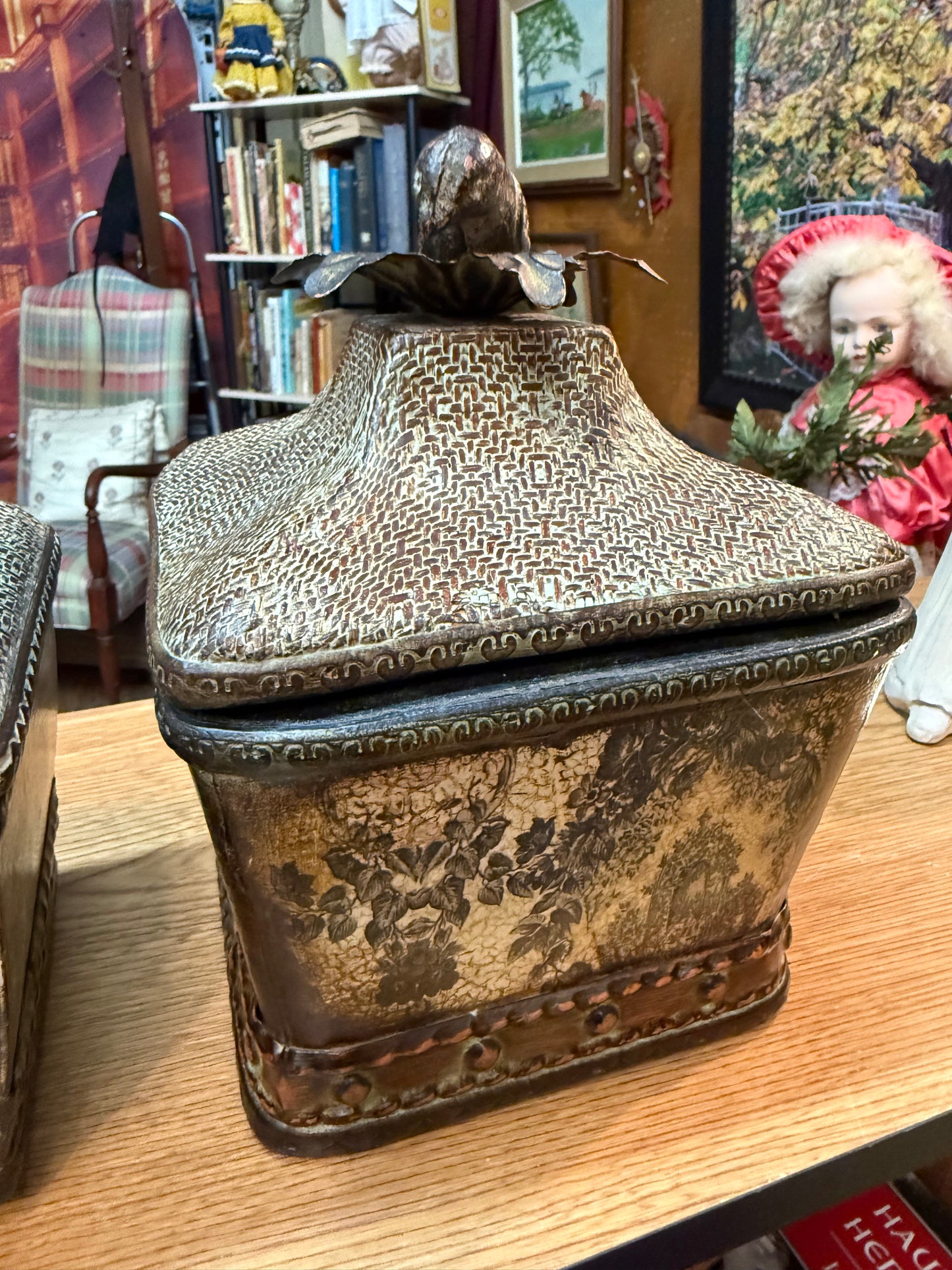 Victorian Style Lidded Boxes w/ Bird Finials – Floral Panels – Set of 2 – 9”