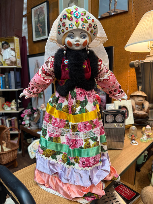 Vintage Porcelain Folk Doll in Headdress – Haunted Slavic Spirit Guardian