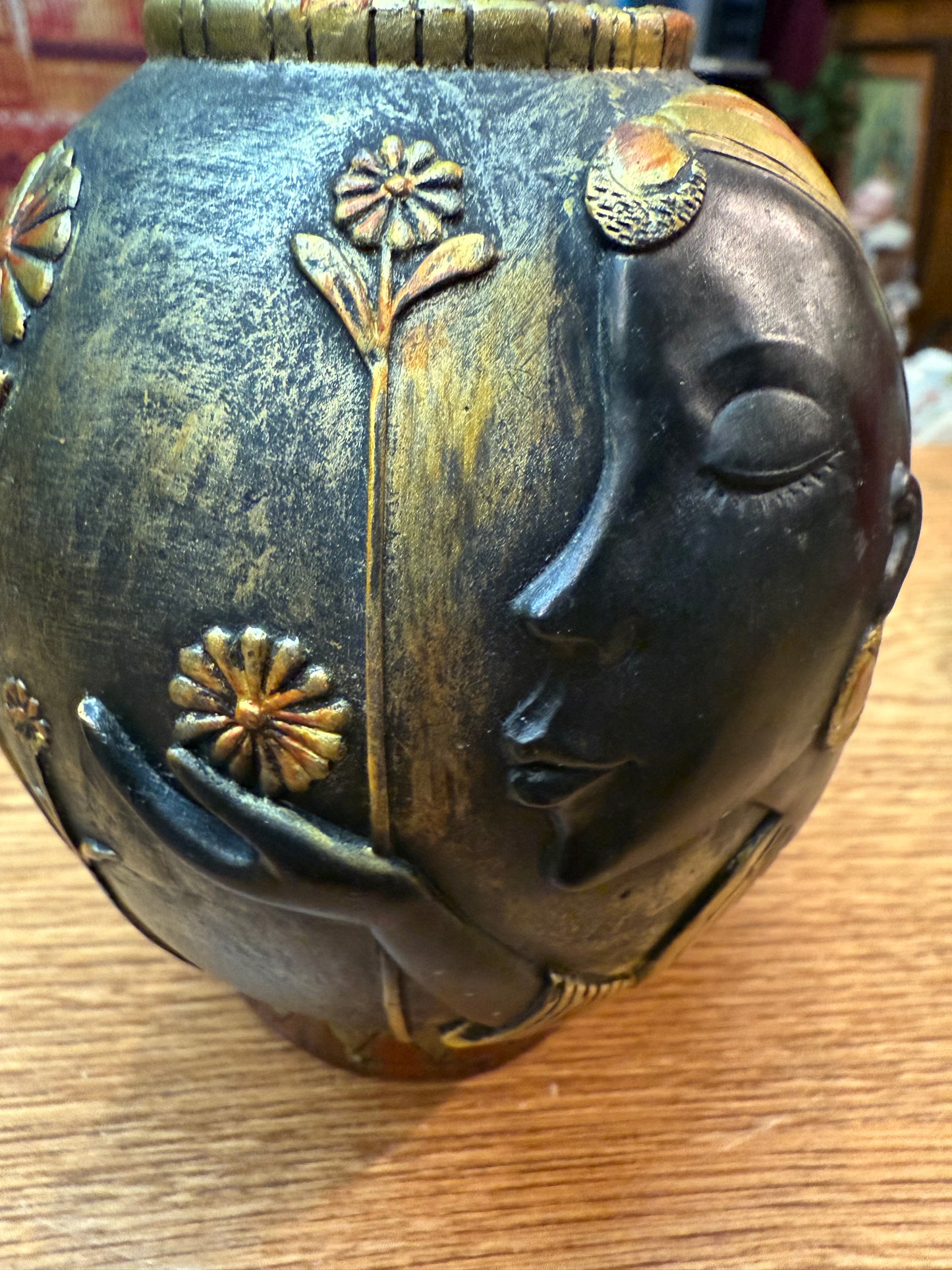 Afrocentric Art Vase – Woman with Flowers, Gold & Black Resin 6.5” Tall
