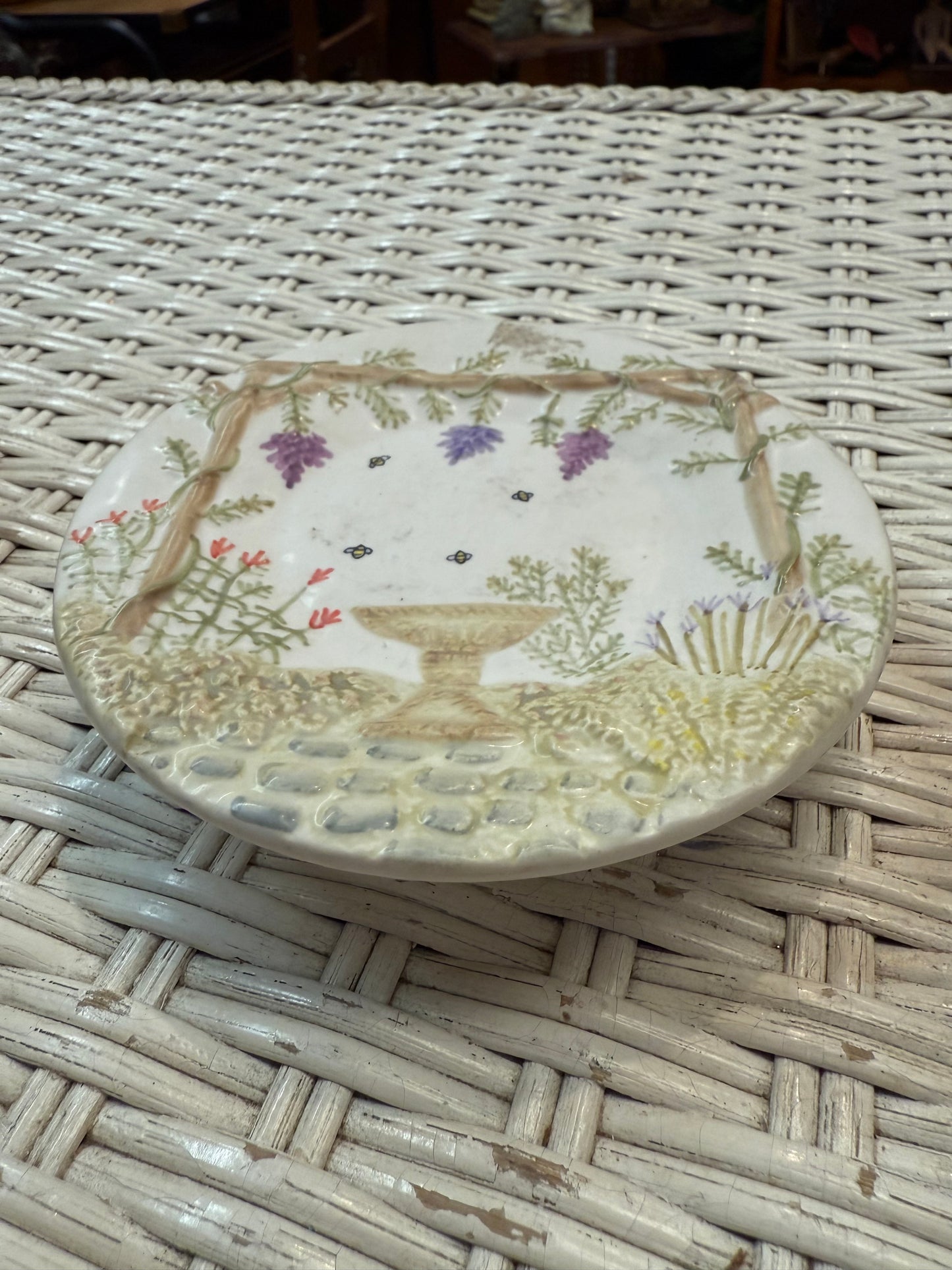 Diane Knott Candle Topper & Plate Set – Beehive Garden Scene – Ceramic
