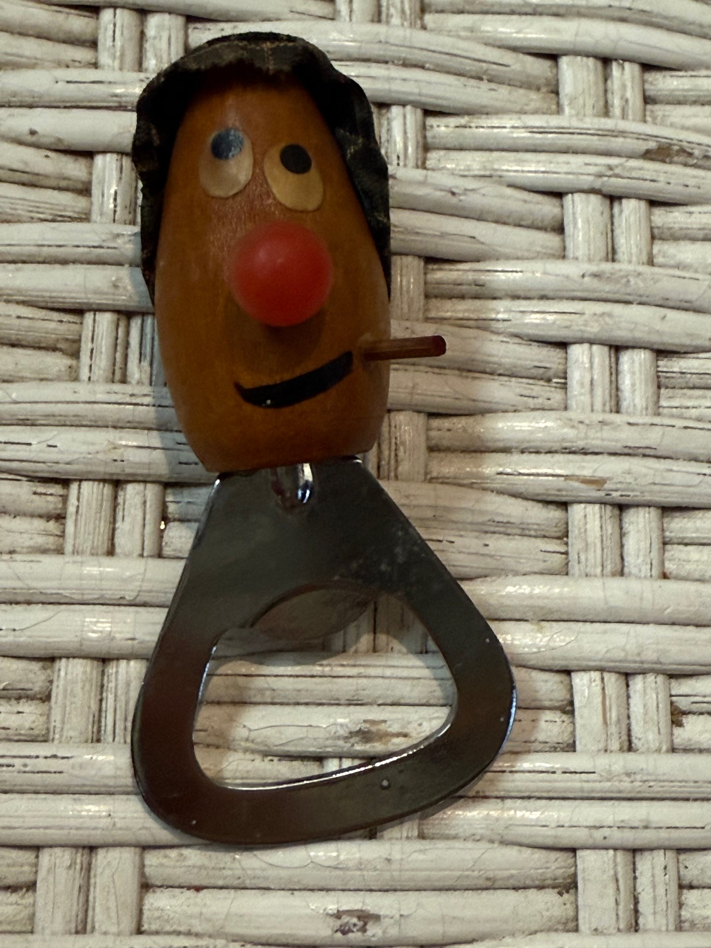 Vintage Wooden Bottle Opener – Creepy Figural Face w/ Pipe & Hat – Odd Barware