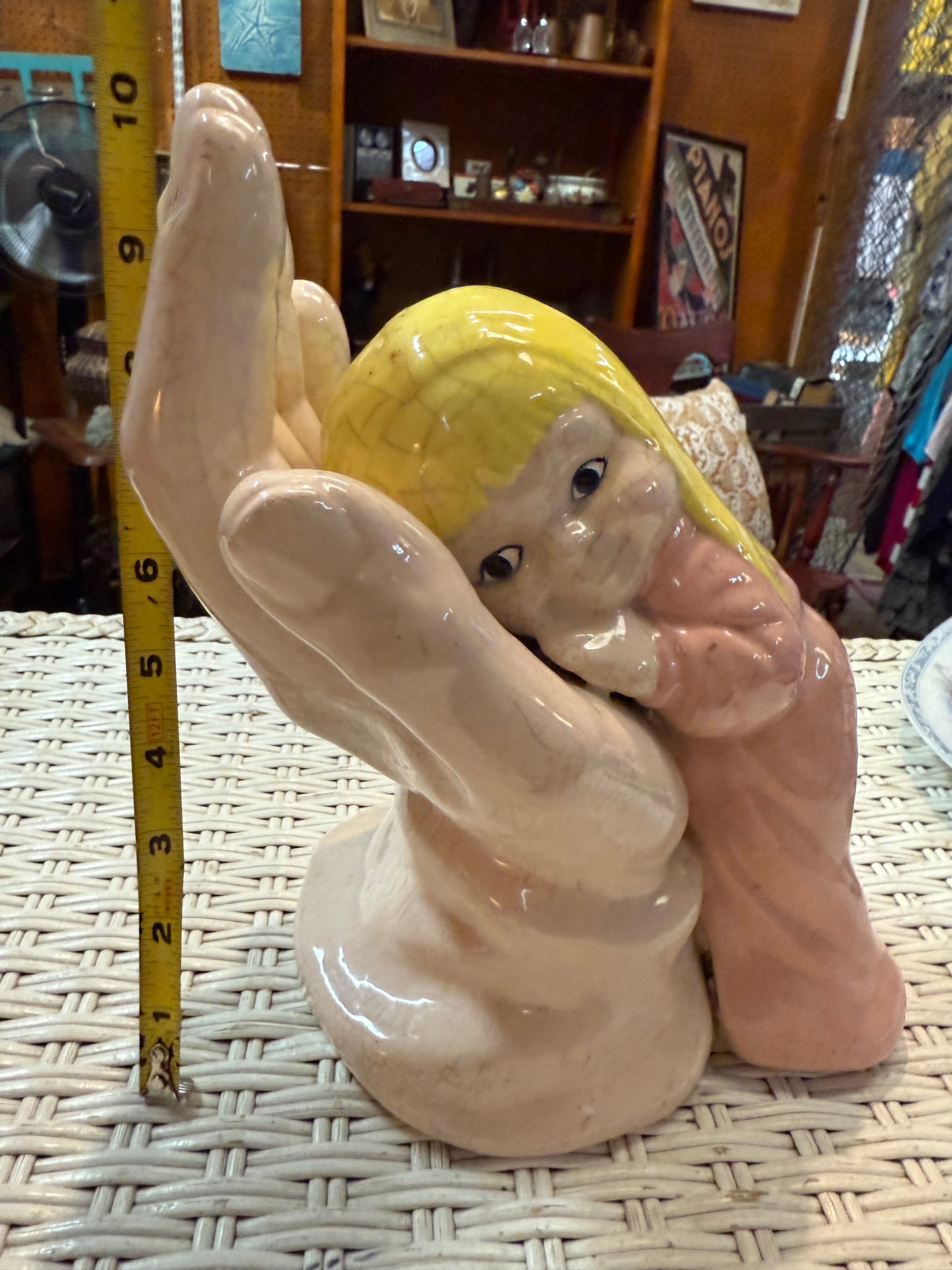 “Safe in His Hands” Ceramic Figurine – Glazed 11” Girl & Giant Hands – Vintage Devotion or Dread?