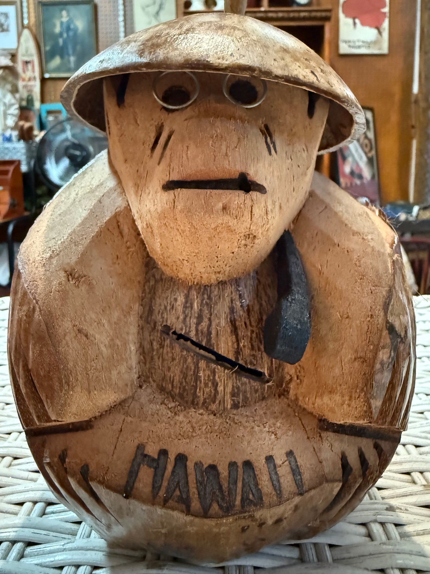 Vintage Carved Coconut Figurine – Hawaii Souvenir Tiki Folk Art – Angry Island Spirit?