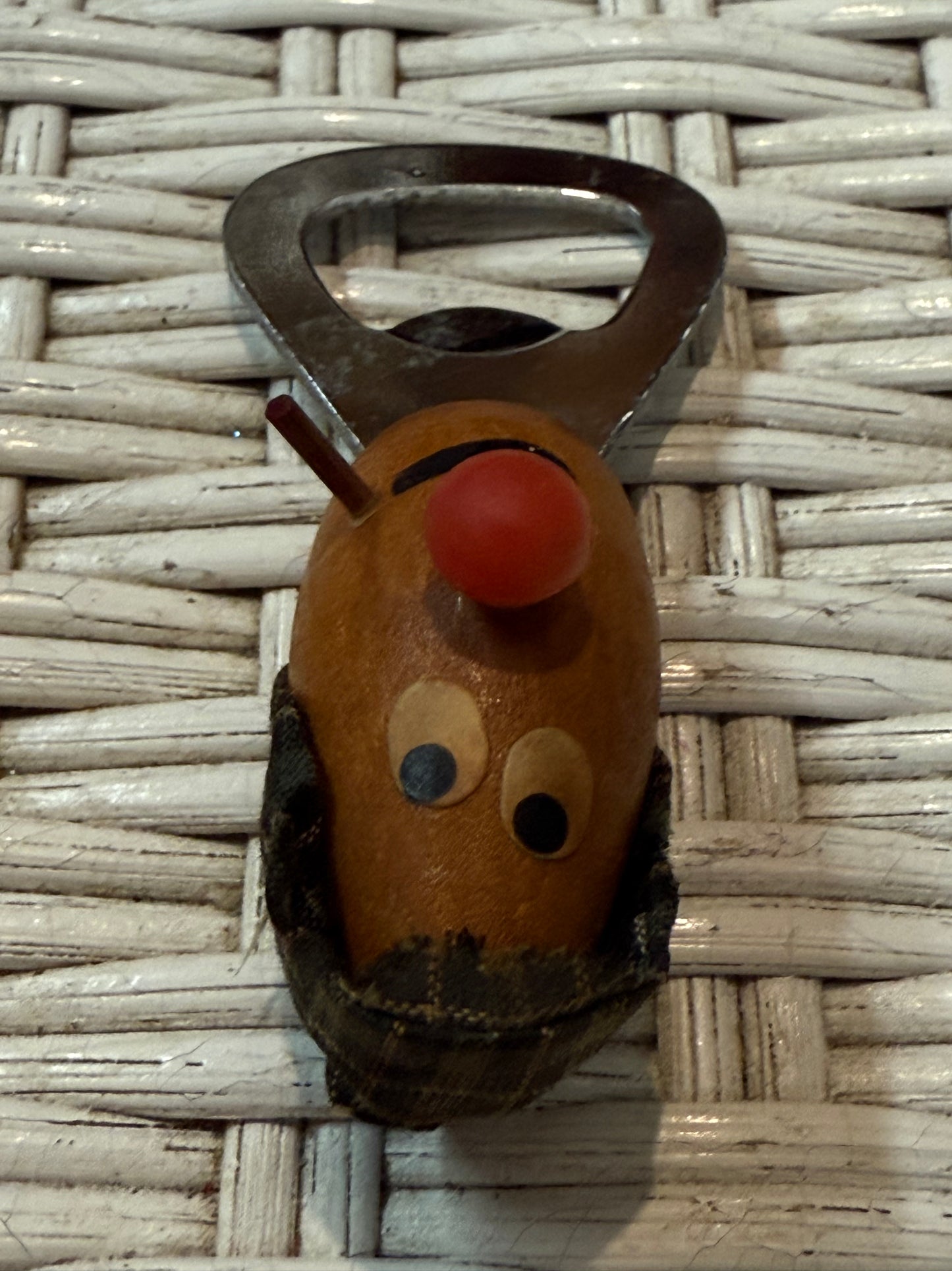 Vintage Wooden Bottle Opener – Creepy Figural Face w/ Pipe & Hat – Odd Barware