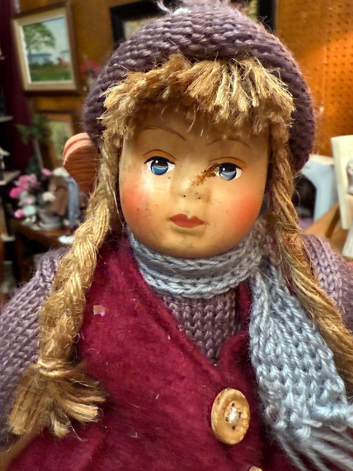 Haunted Skier Girl Doll 12” – Wooden Skis – Winter Lodge Spirit