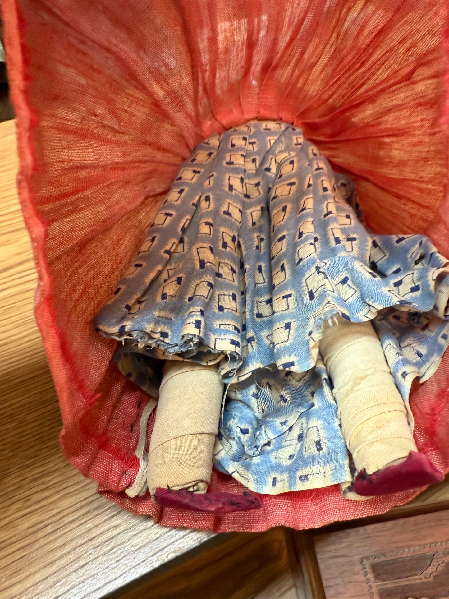 The Watcher in Red — Antique Cloth Doll with Beaded Necklace & Bound Legs