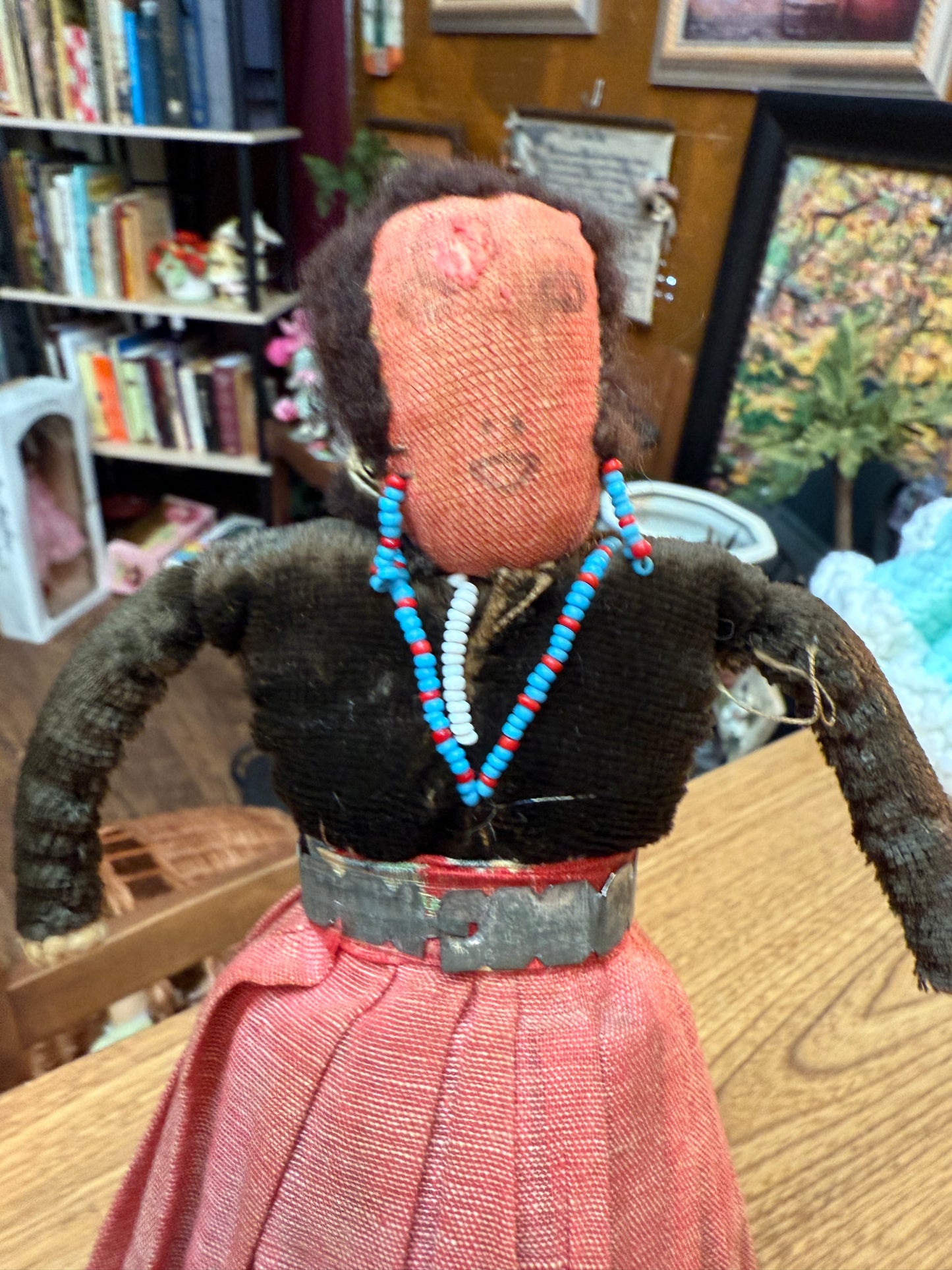 The Watcher in Red — Antique Cloth Doll with Beaded Necklace & Bound Legs