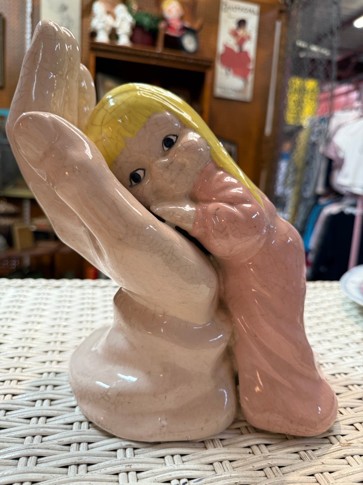 “Safe in His Hands” Ceramic Figurine – Glazed 11” Girl & Giant Hands – Vintage Devotion or Dread?