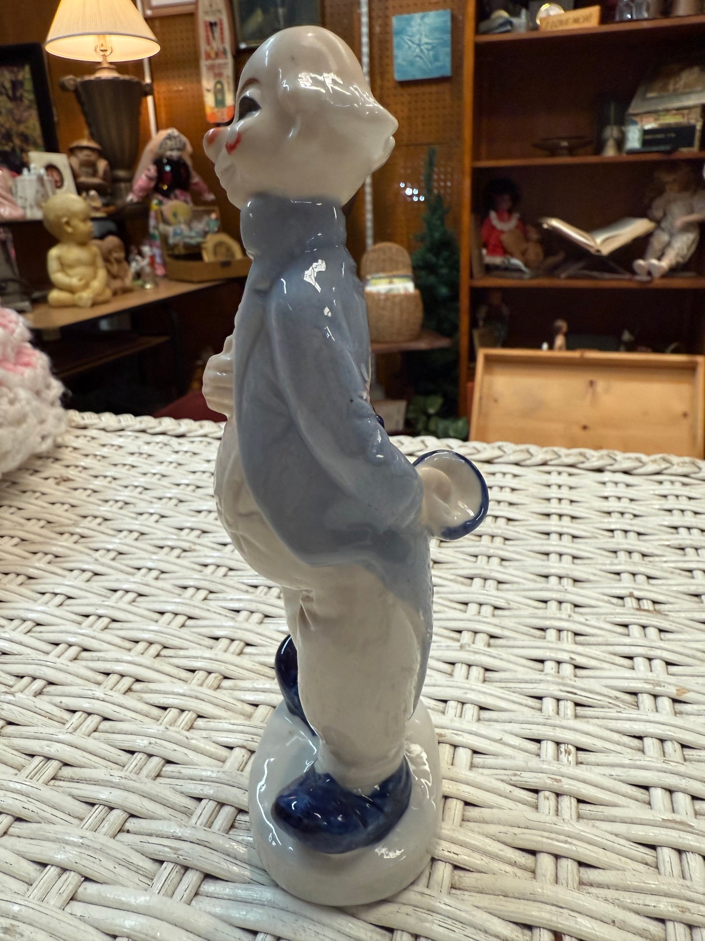 Vintage Creepy Ceramic Clown Figurine – Glazed Blue Suit – Offbeat Smile