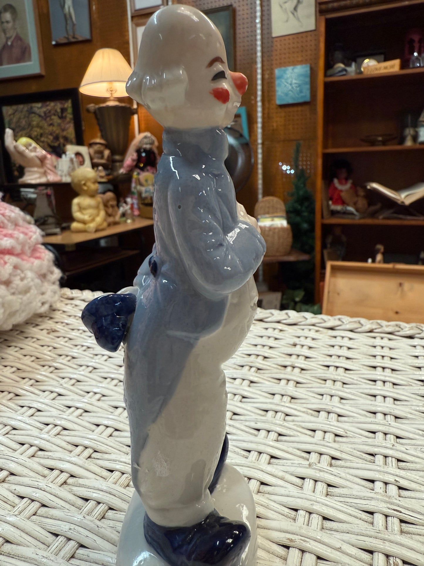 Vintage Creepy Ceramic Clown Figurine – Glazed Blue Suit – Offbeat Smile