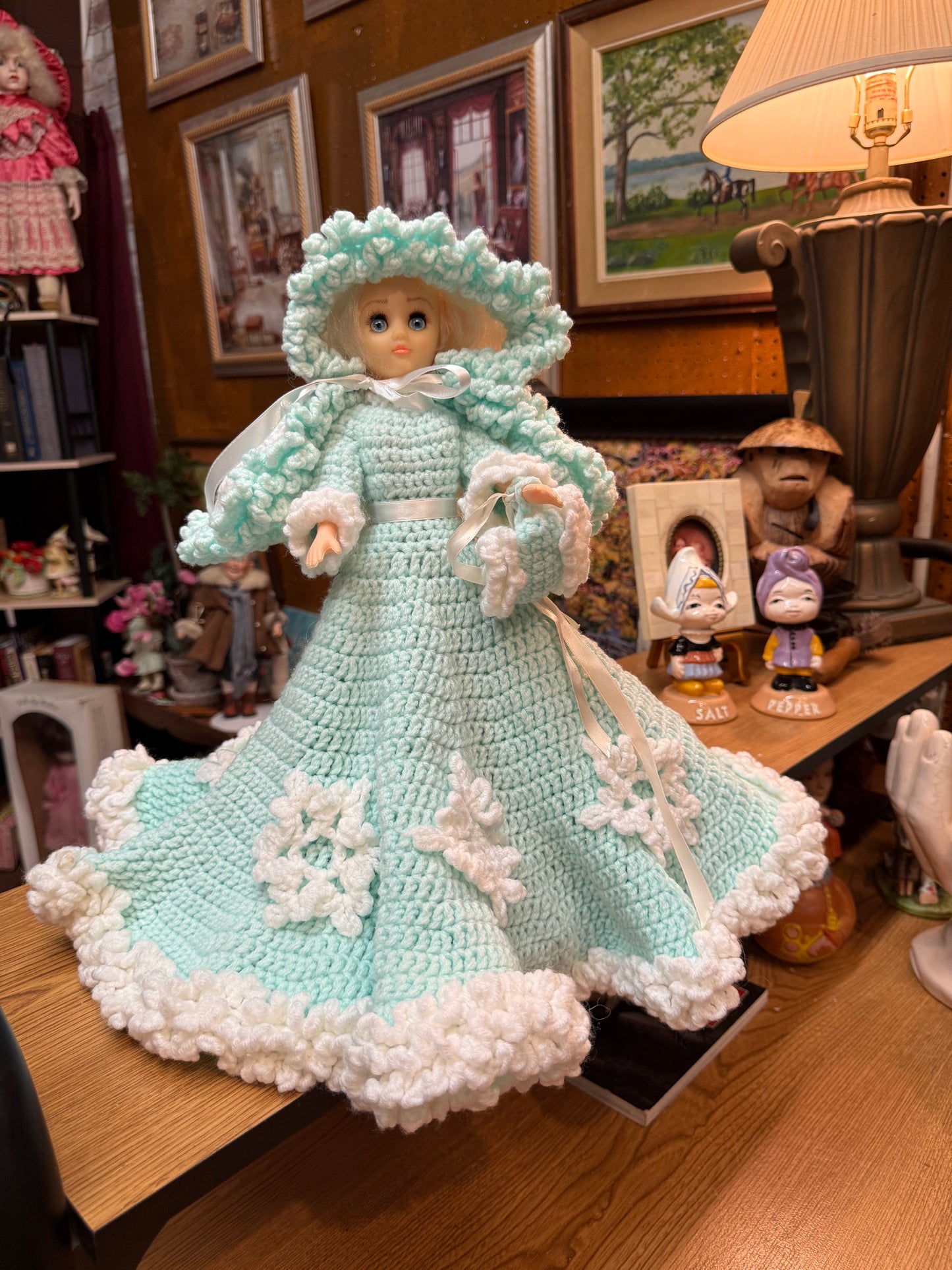 The Quiet Visitor — Handmade Crocheted Doll in Turquoise with Muff Hand Warmer