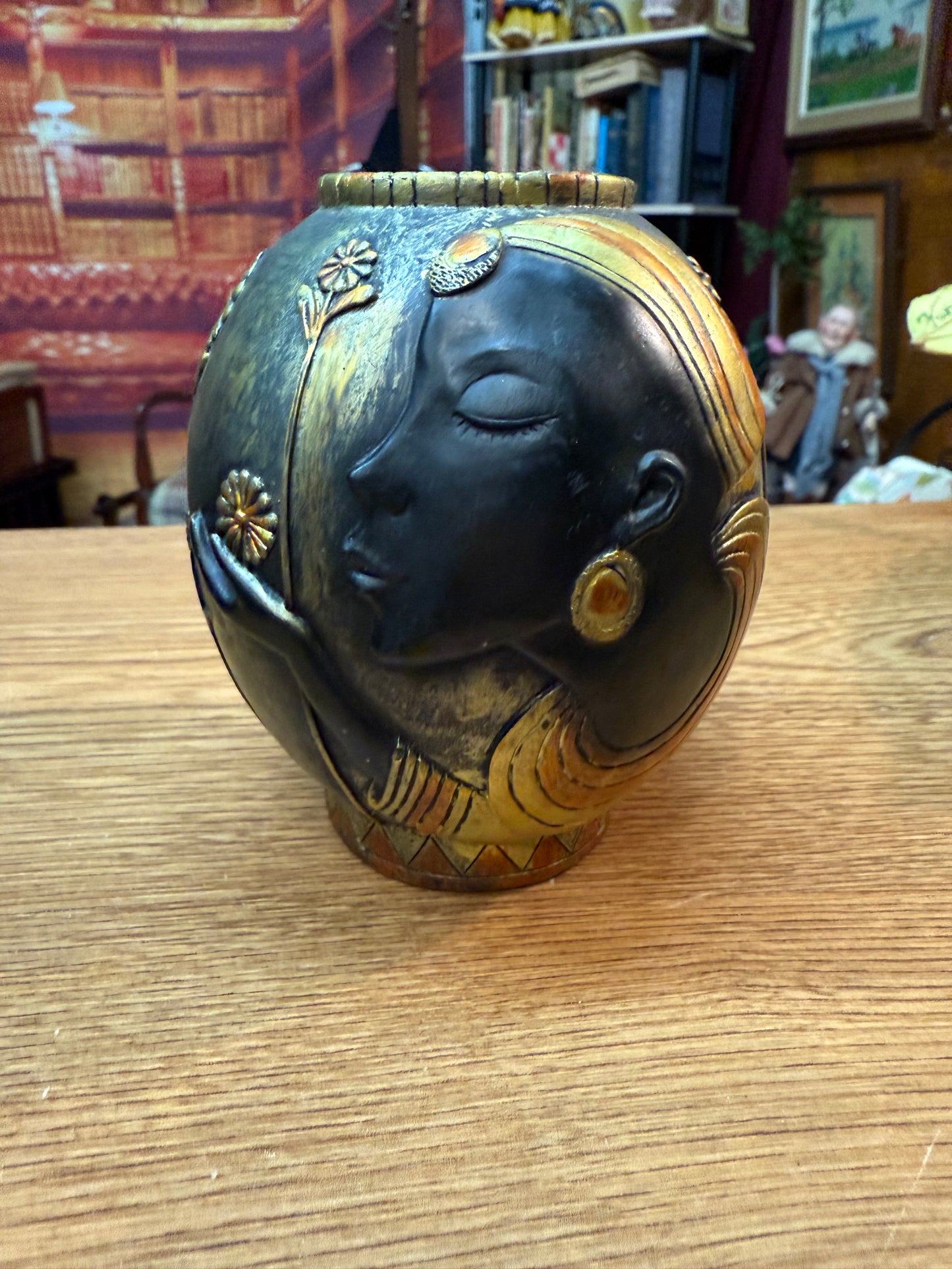 Afrocentric Art Vase – Woman with Flowers, Gold & Black Resin 6.5” Tall