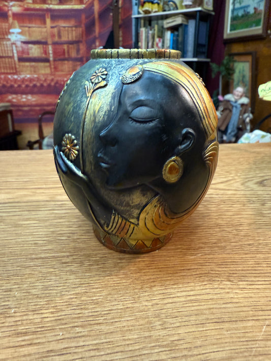 Afrocentric Art Vase – Woman with Flowers, Gold & Black Resin 6.5” Tall